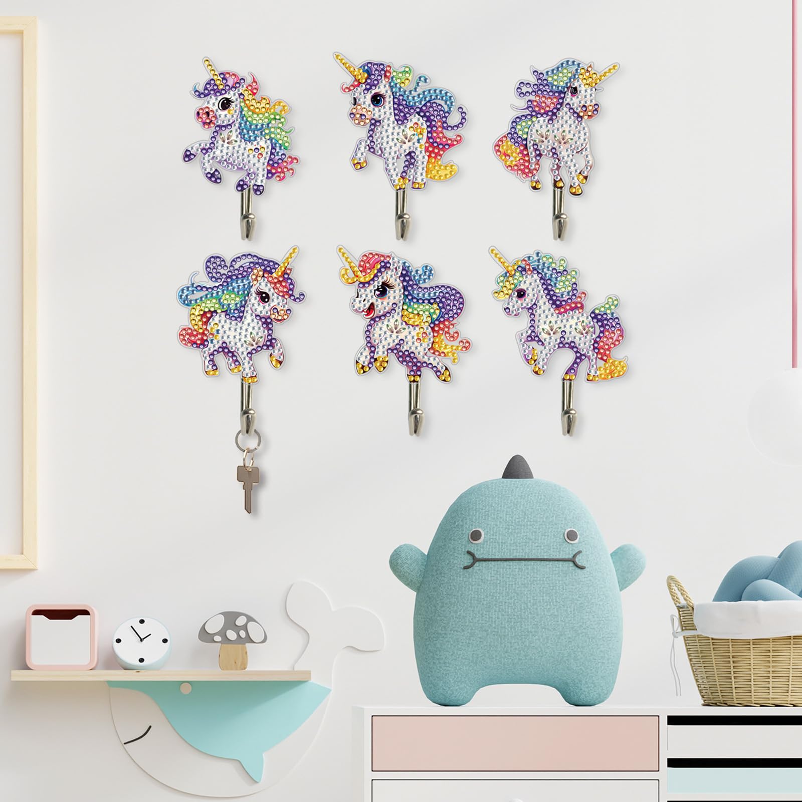 DIY Diamond Painting Ganci Autoadesivi, 6 Pezzi Diamante Pittura e Decorazione Unicorno Ganci, Appendiabiti per Bagno Cucina Ingresso 5D Pittura a Diamante Decorazione per Bambini e Adulti