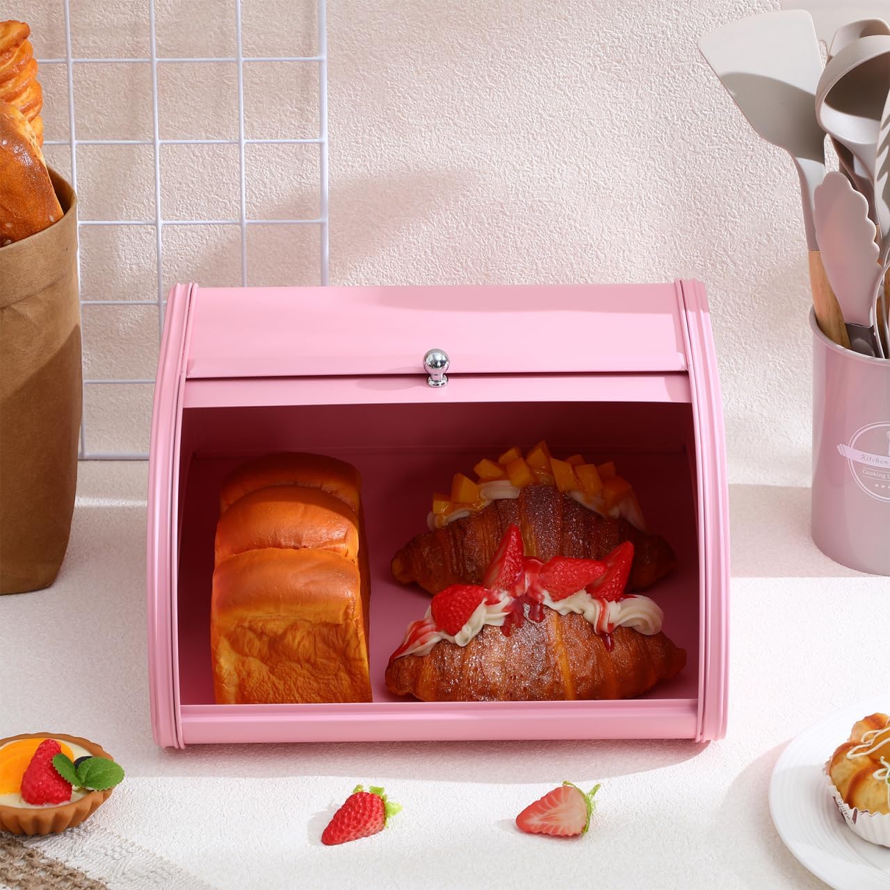 Amosfun Wrought Iron Bread Box with Roll-Top Door 12X10X7 Inch Kitchen Storage Bin for Fresh Bread Preservation and Ventilated Food Container