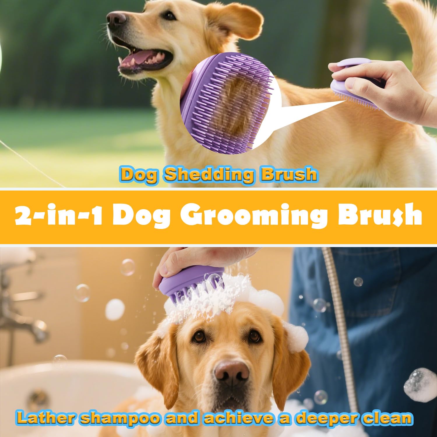 2-in-1 Dog Bath Brush for Grooming & Massage - Pet Silicone Brush for Long & Short Haired Dogs and Cats, Dog Scrubber for Bath, Rubber Curry Brush, Use Wet as Bath Brush or Dry for Grooming-Purple - image 2