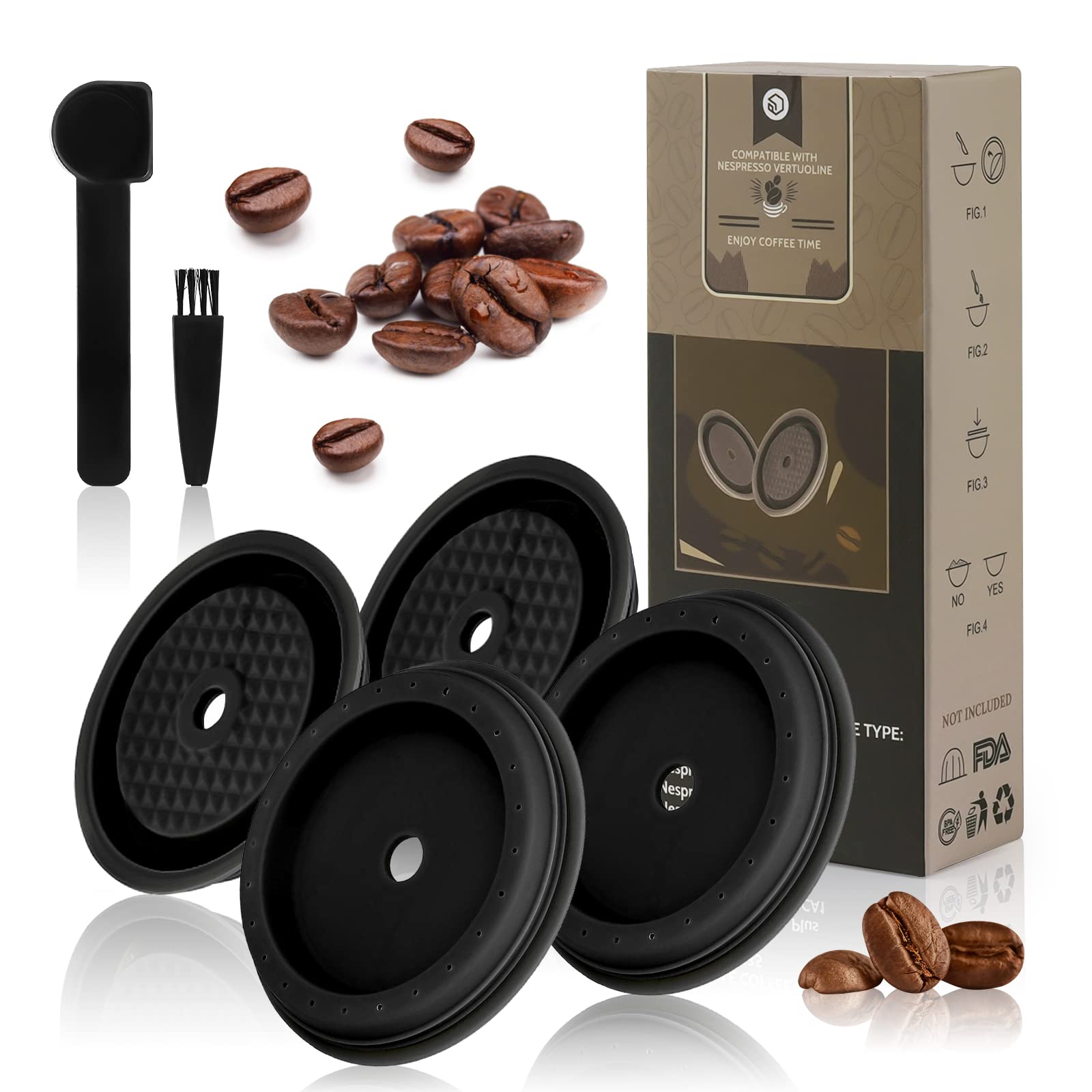 Reusable Coffee Capsule Lid, Compatible with Nespresso Vertuo Pods and VertuoLine Capsules, Coffee Filter Refillable, Food Grade Silicone with Spoon and Brush - Pack of 4 (Black)