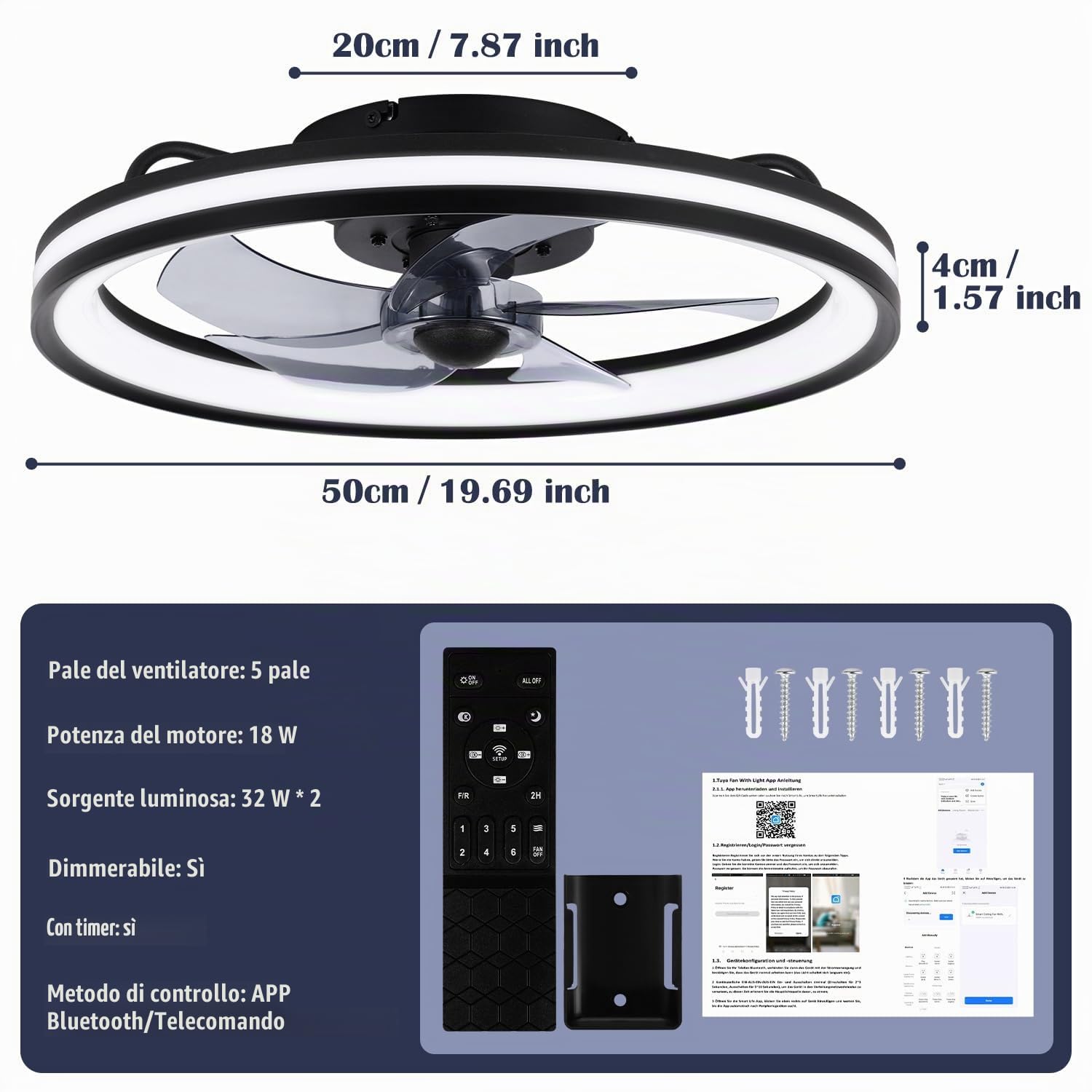 Daromigo Ventilatore da Soffitto con Luce Ø50 cm, Ventilatore LED Dimmerabile con Telecomando e App Bluetooth, 6 Velocità, Timer, Funzione Reversibile Estate/Inverno, per Camera, Nero