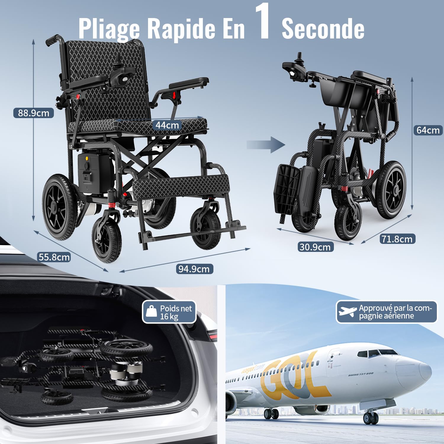 D10 15,9 kg Fauteuil Roulant Électrique Léger pour Adultes Pliable, Fauteuil Roulant Motorisé Léger Avec Autonomie de 46 km, Fauteuil Roulant Tout-Terrain (Ampère-heure, 24)