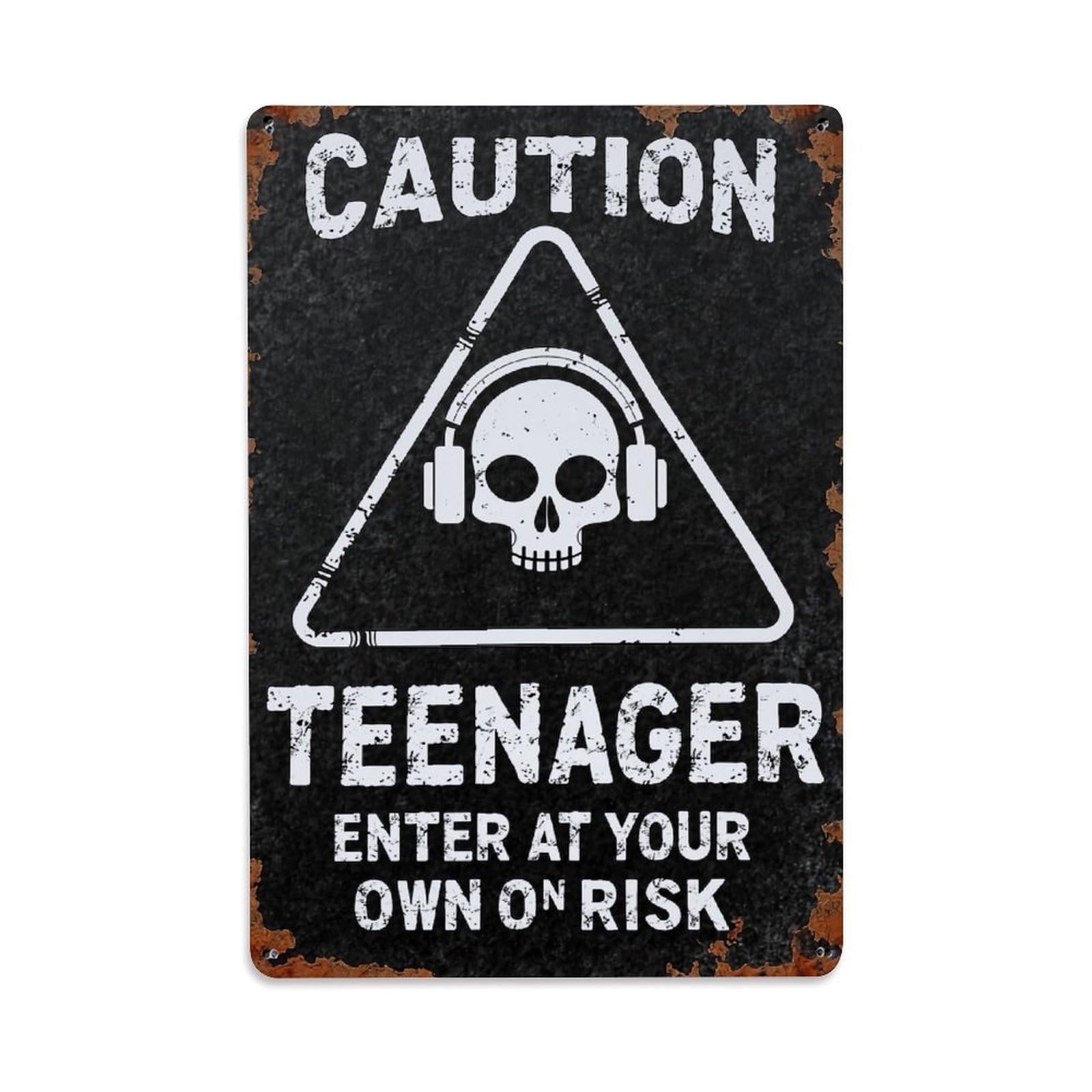 Jdyaojiesheng Vintage Caution Skull Headphones Teenager Risk Tin Sign Retro Metal Wall Decor Metal Poster, Home Bar Garage Farmhouse Cafe Wall Art Decoration 8X12inches