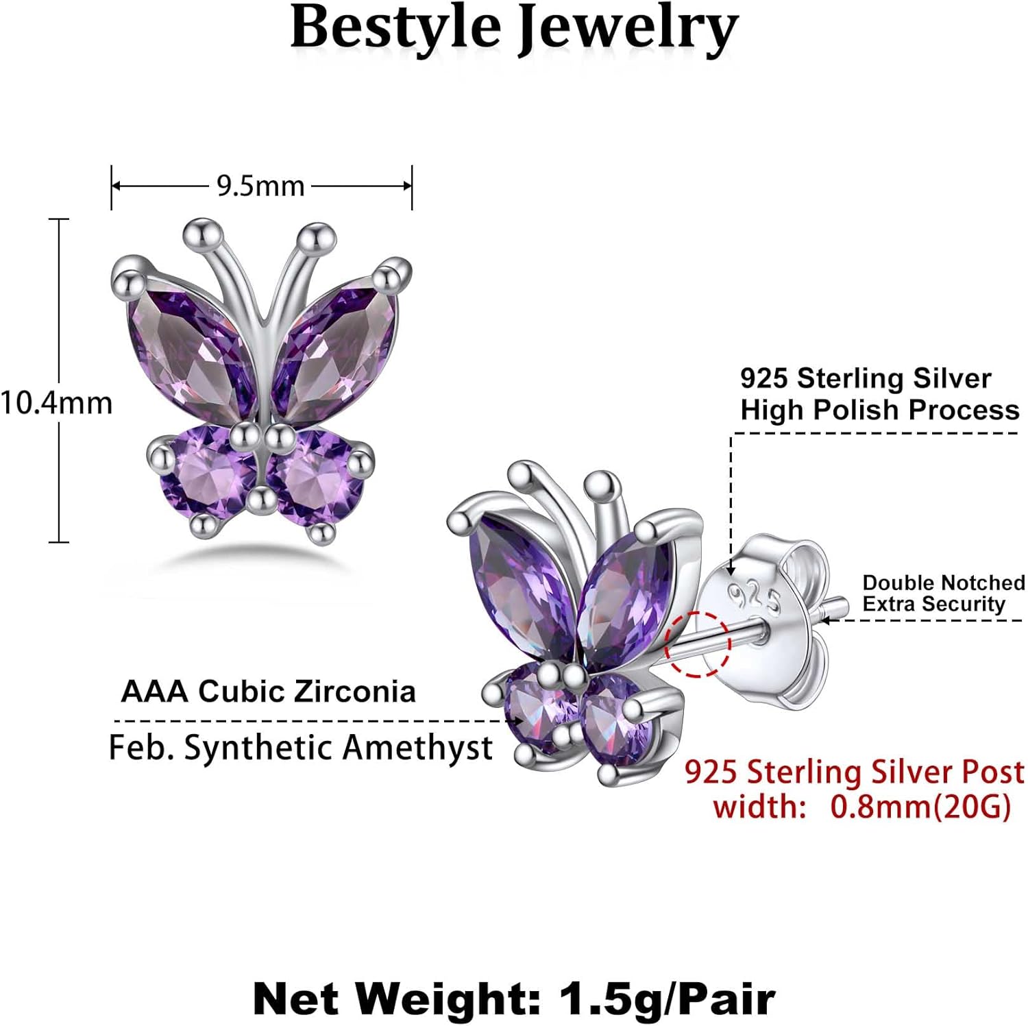 Bestyle Sterling Silver Butterfly Earrings for Women, Dainty Cute Birthstone Studs Hypoallergenic Jewelry, Great Birthday Gift - Image 6