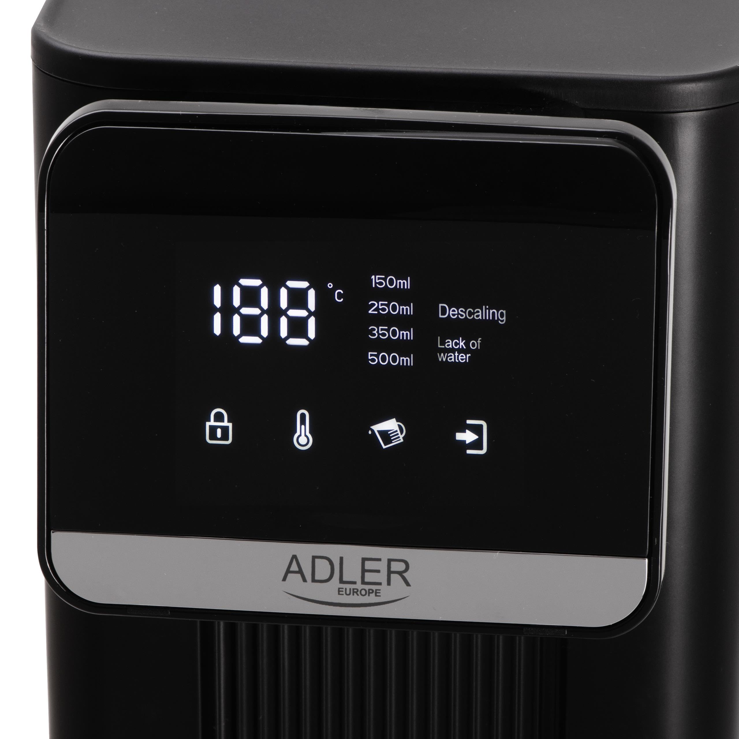 ADLER EUROPE Dystrybutor do gorącej wody, dozownik do przefiltrowanej gorącej wody, filtr do wody, max 2,5L, min 0,5L, 2600W, 8 temperatur, gorąca woda w kilka sekund, energooszczędny, LCD