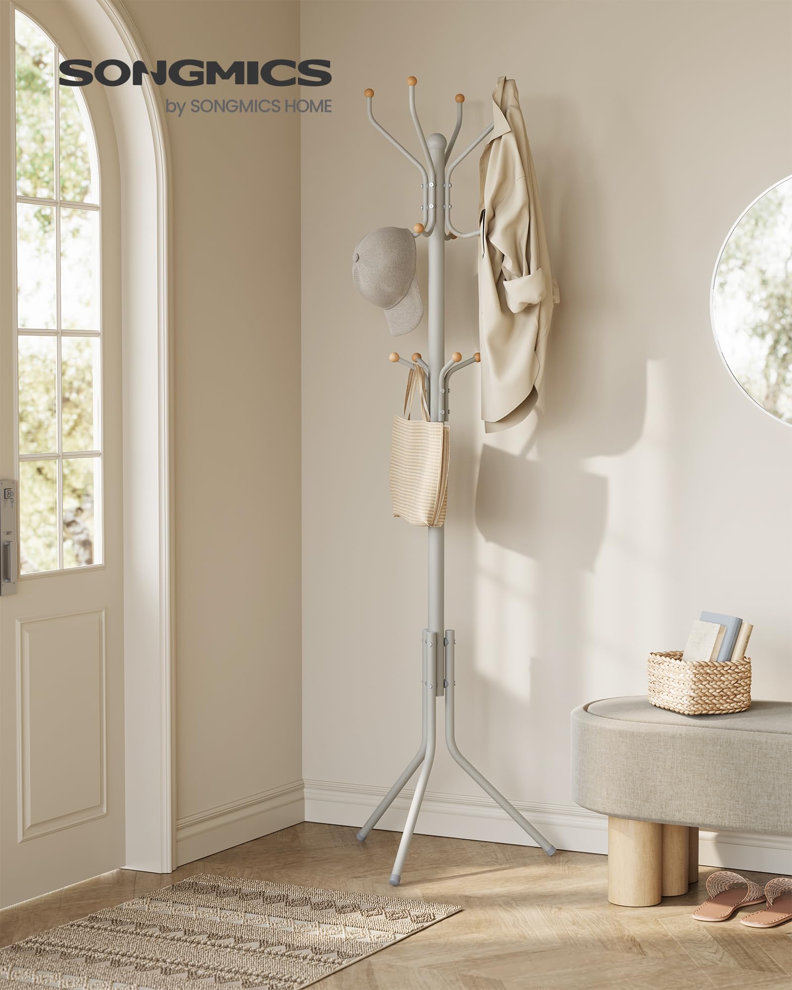 SONGMICS Appendiabiti da Terra, Attaccapanni Autoportante in Metallo, Altezza 182 cm, 12 Ganci, per Vestiti, Cappelli, Borse, Beige Cappuccino RCR019K01