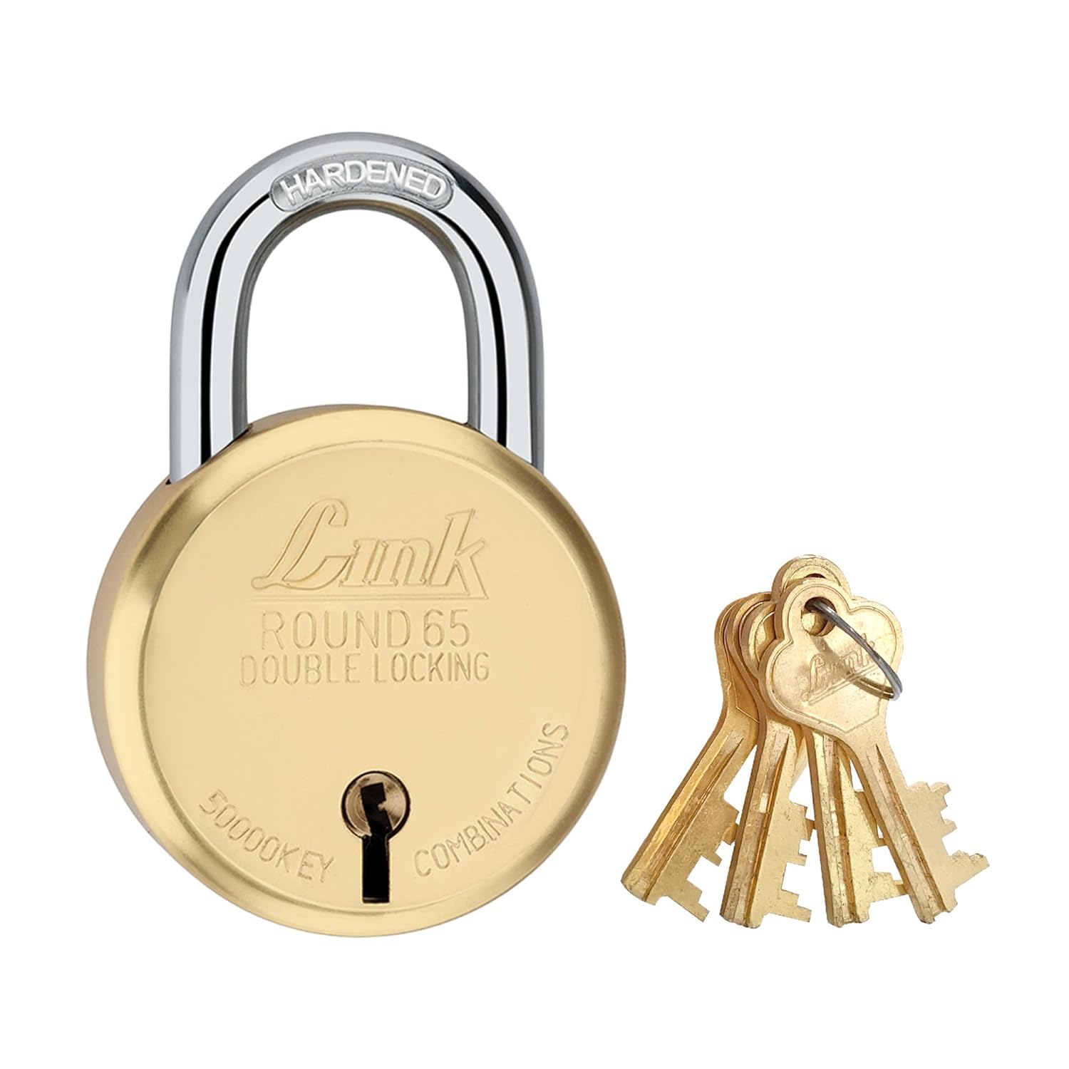 Link 8 Levers 65mm Round Padlock | Hardened Shackle | Double Locking | Brass Body Home Door Lock with 4 Brass Keys| Made in India| (Gold, Pack of 1)