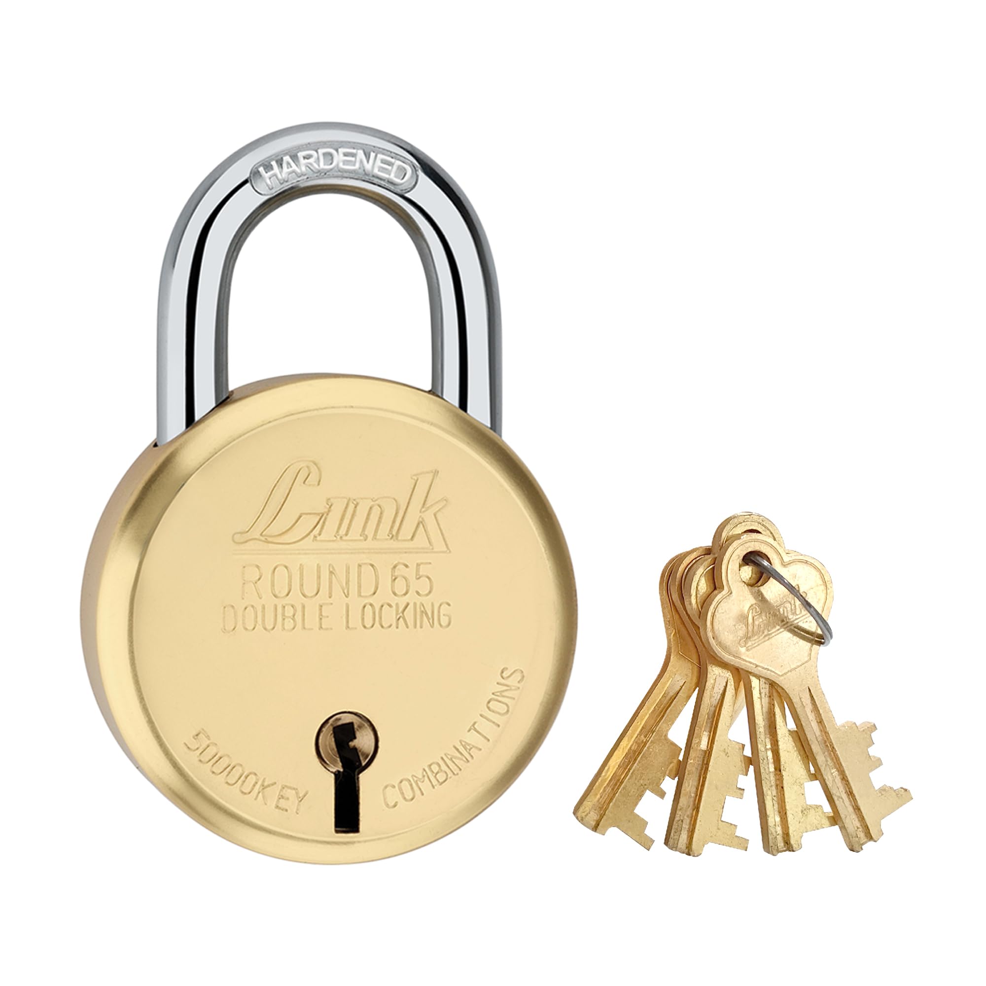 Link 8 Levers 65mm Round Padlock | Hardened Shackle | Double Locking | Brass Body Home Door Lock with 4 Brass Keys| Made in India| (Gold, Pack of 1)