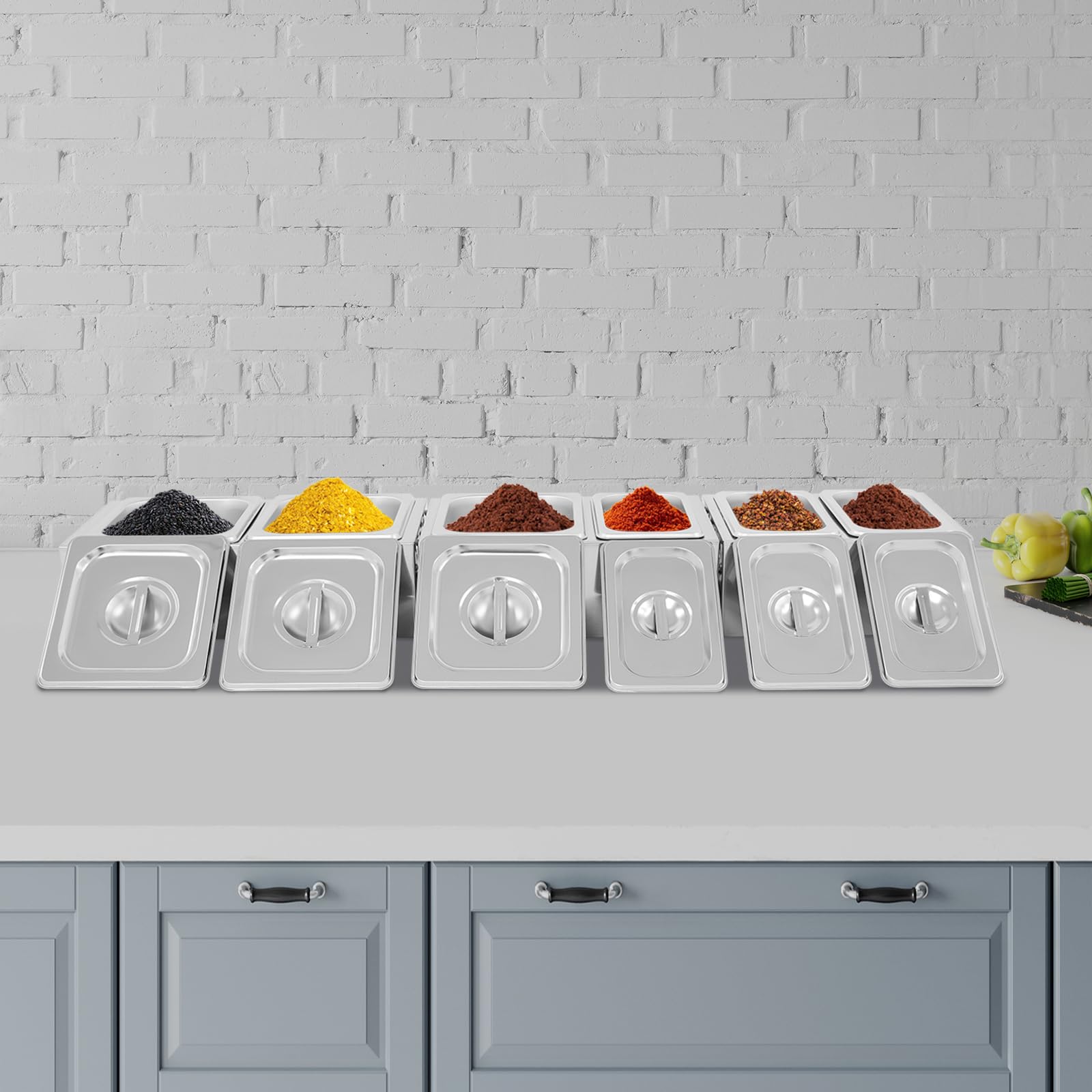 Lot de 6 pots à épices en acier inoxydable avec étagères et couvercle, pour le stockage du sucre, du sel, des sauces, du vinaigre, 11 x 17,5 x 6,5 cm/16,5 x 17,5 x 6,5 cm