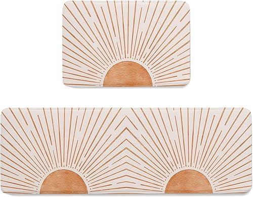 Tapetes de cocina, diseño de líneas solares de terracota de mediados de siglo, juego de 2 alfombras antifatiga, arte moderno y minimalista,