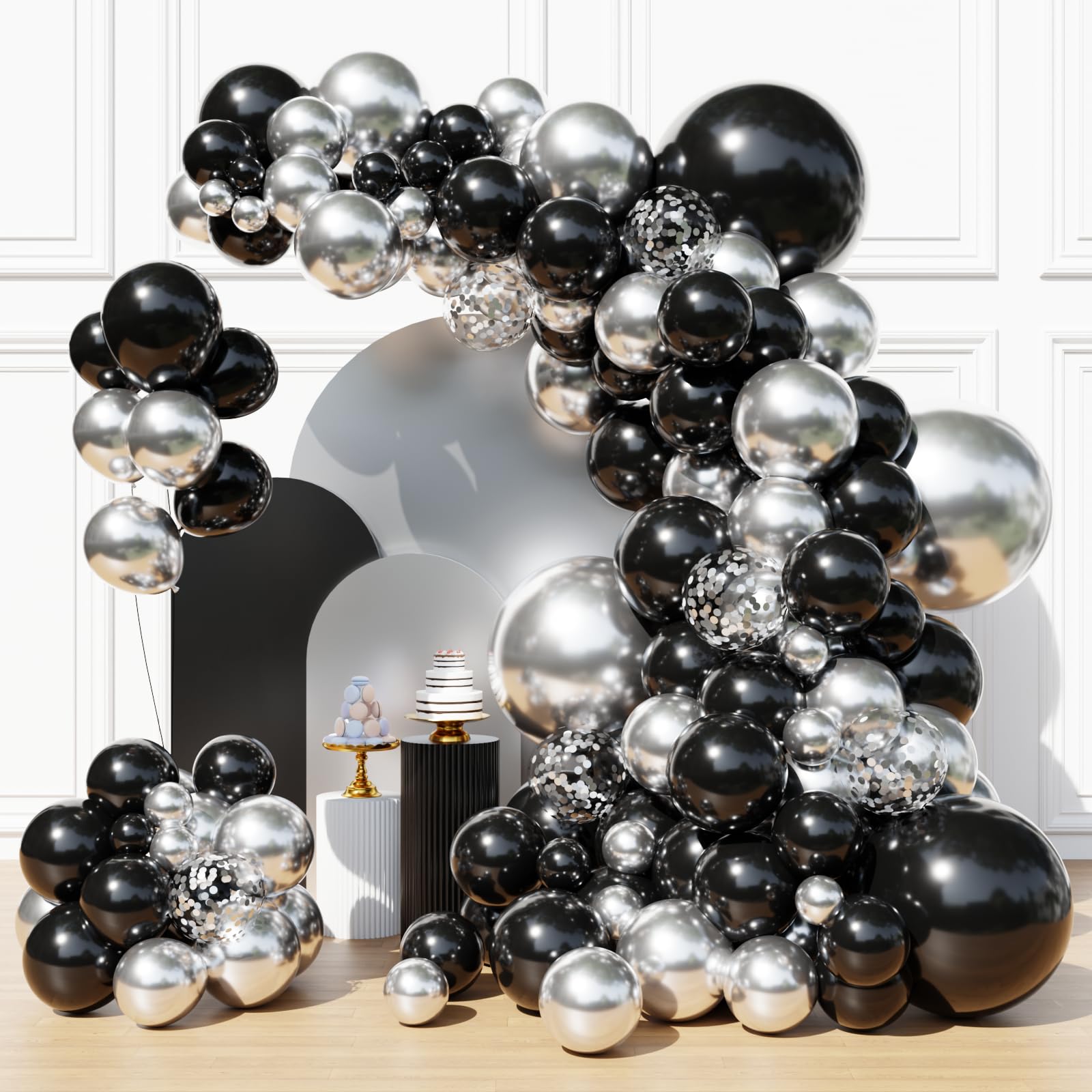 Black and Silver Balloons Arch Kit, Silver Birthday Party Balloons