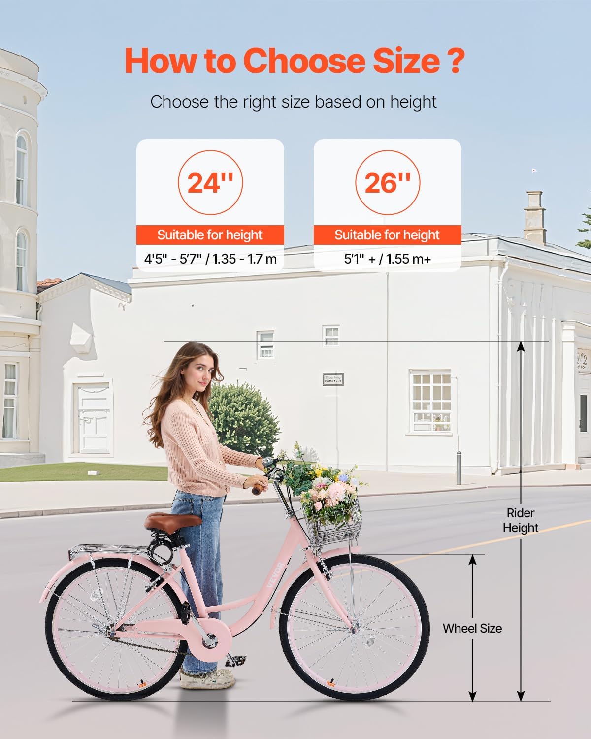 VEVOR Women Bike, 7-Speed and 1-Speed, 24-26 Inch Pink and Light Blue Beach Cruiser Bike, with Large Capacity Basket and Rear Rack, Adjustable Seat, Fits for Cycling, Exercise & Shopping