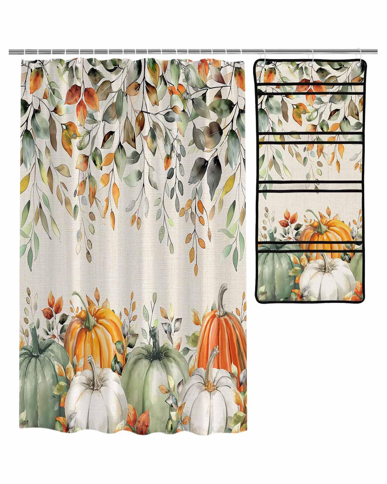 Decorative Shower Curtain Sets Fall Fabric Waterproof Shower Curtains Autumn Orange Pumpkin Sage Green Eucalyptus Leaves Beige Mesh