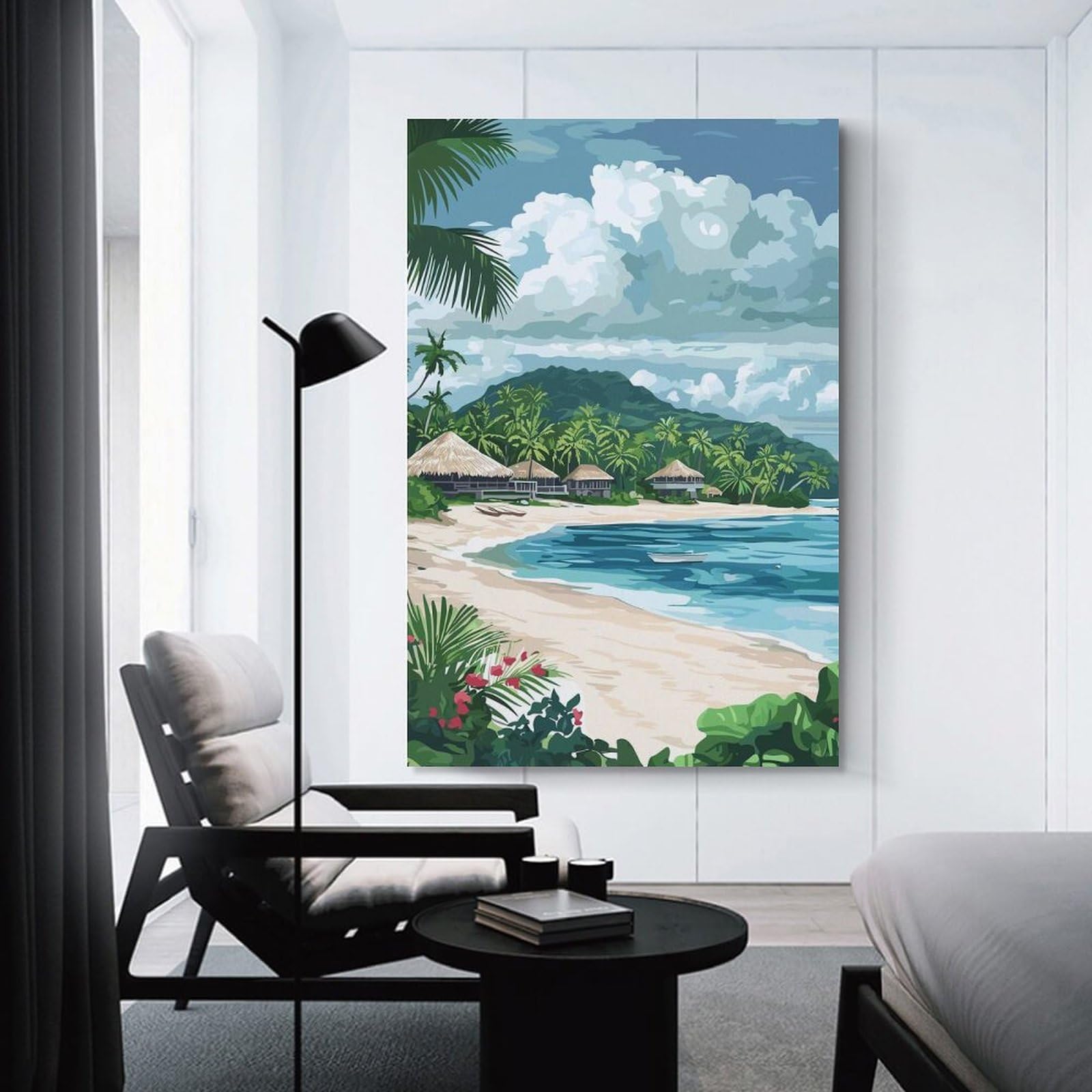 Junmoney Tropical Beach with Thatched Roof Huts Room Decor Wall Art, 20x30inch(50x75cm), for Feature Walls in Flats Or Modern Rooms, Wall Decor Suited to Curated Displays