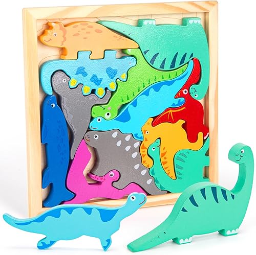 Miniatura 7 de LovesTown Rompecabezas de dinosaurio apilable, 12 piezas, juguetes de dinosaurio de madera preescolar, rompecabezas gruesos para regalo de