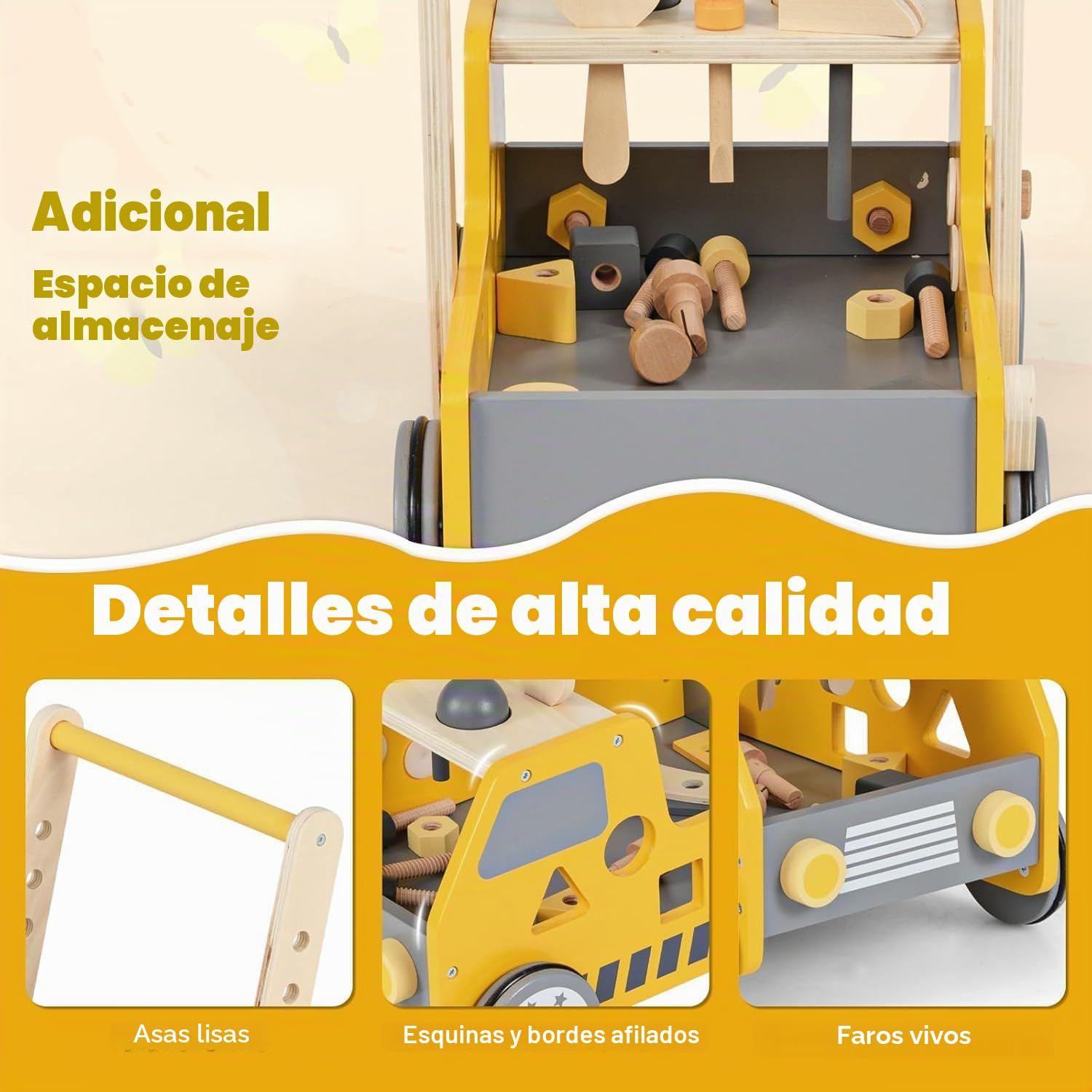 FANTASK Andador de madera, 2 en 1 Baby Walker, andador con centro de actividad múltiple y banco de trabajo, carrito para niños a partir de 1 año en interior