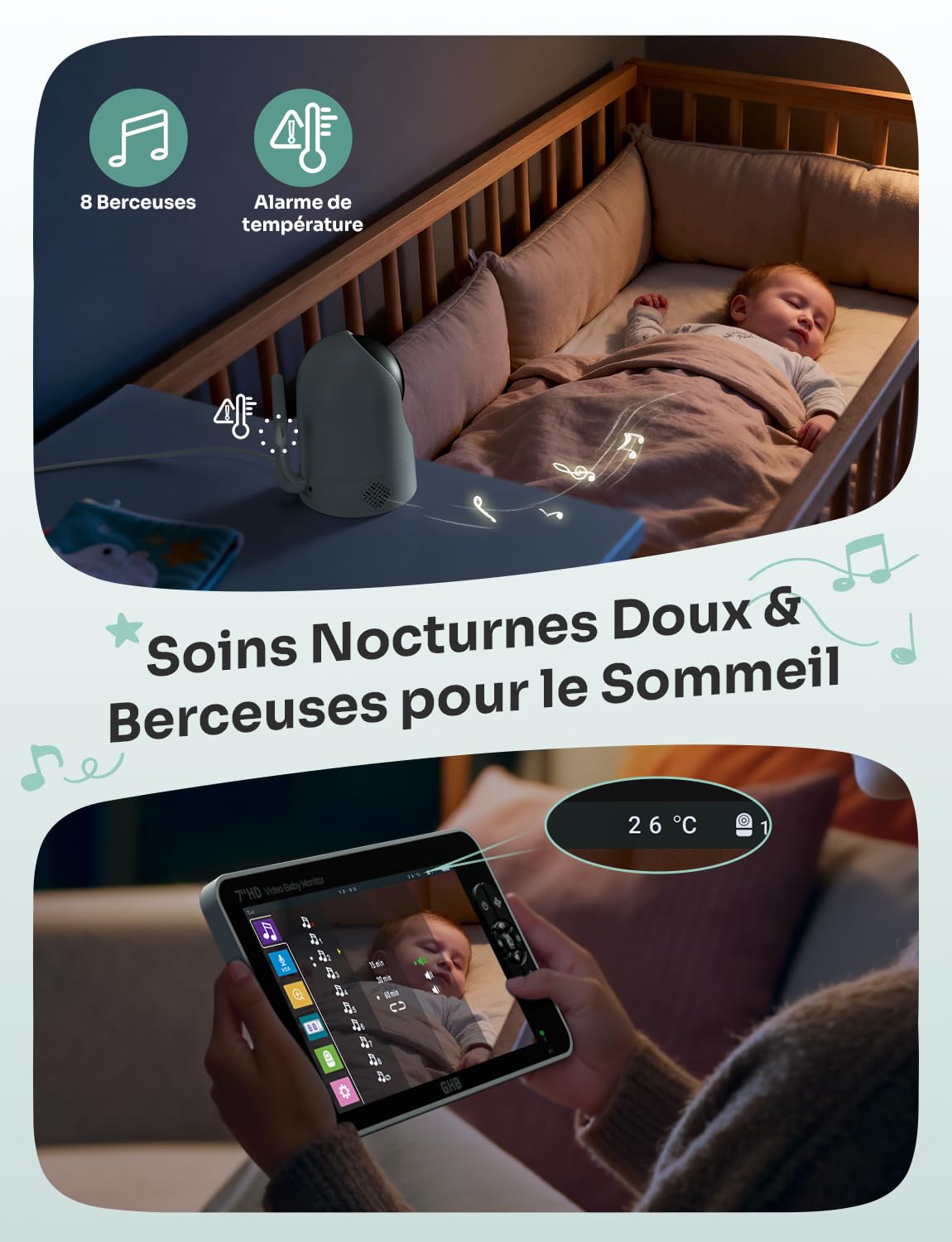 GHB Babyphone Cémera 7" 1080P Caméra Bebe Surveillance 350° Rotation Écran IPS HD Mode VOX 168H Autonomie de la Batterie Audio Bidirectionnel Alerte de Température 8 Berceuses