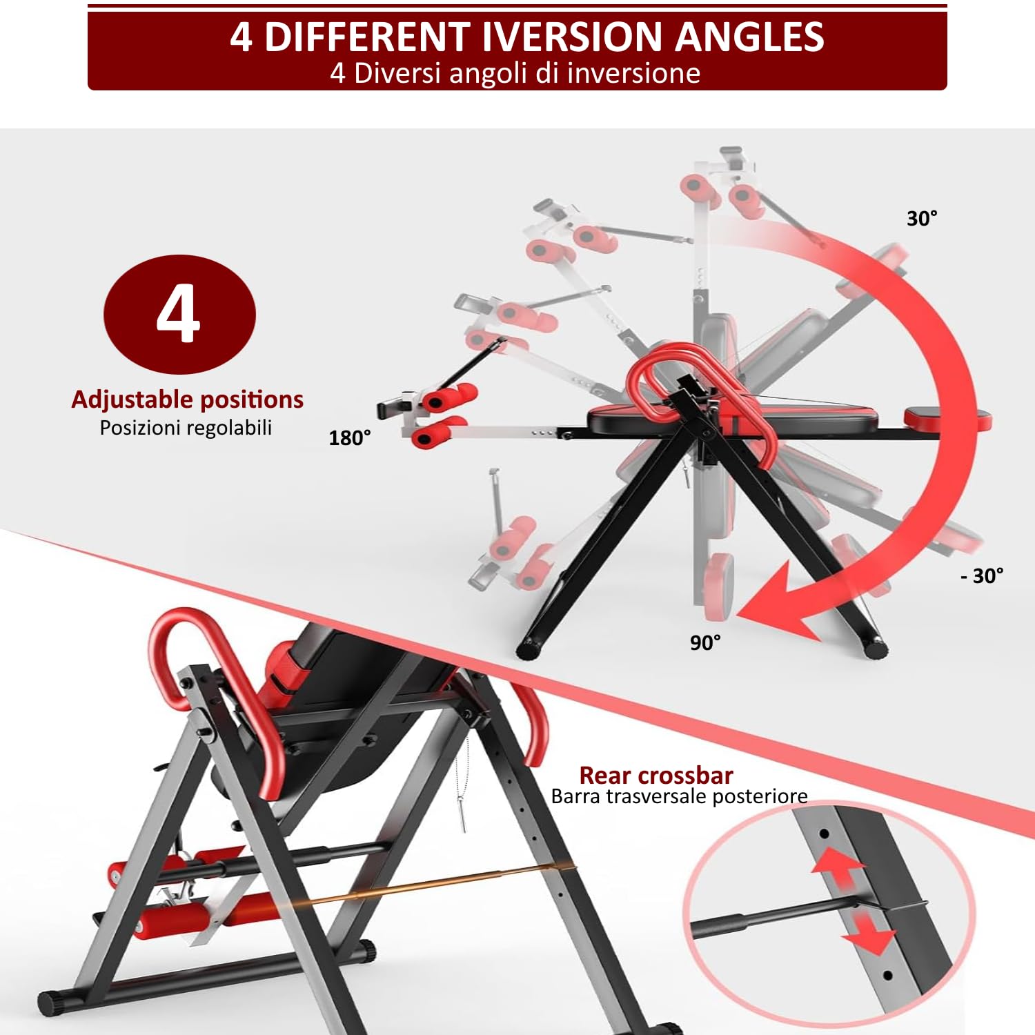 Banc à inversion résistant avec appui-tête machine inversée gravitationnelle avec hauteur réglable 4 angles d'inversion, Rouge et noir