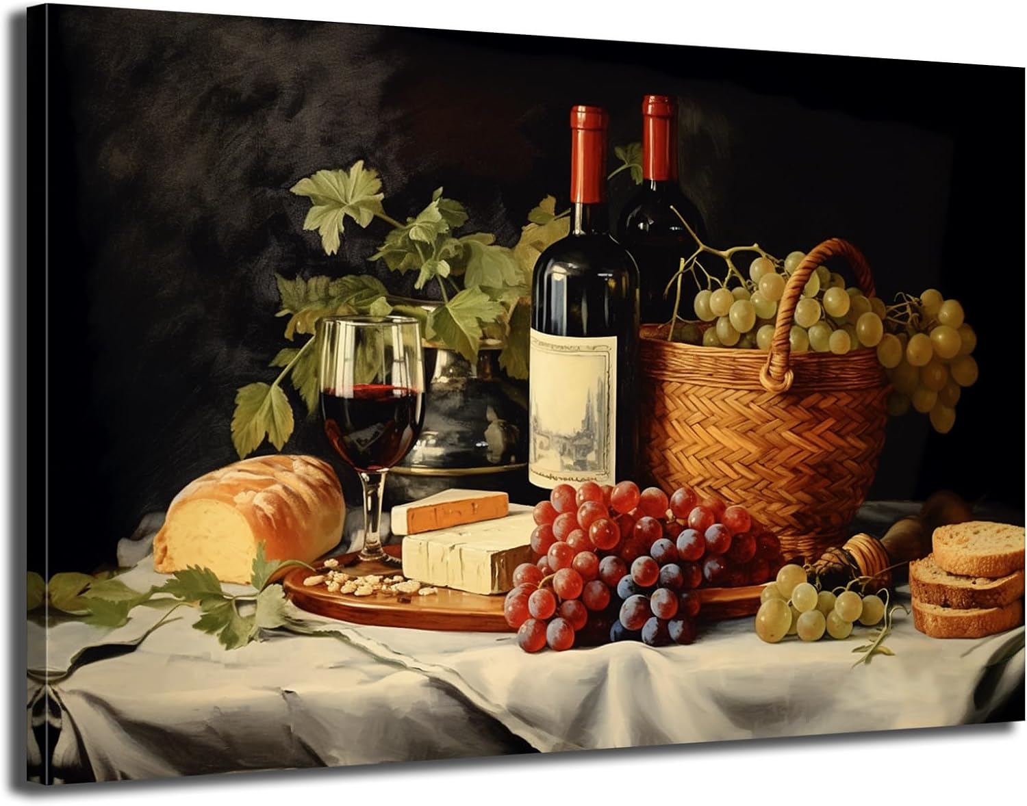 Kitchen Canvas Wall Art Vintage Red Wine & Grape Prints Picture Bread and Cheee Still Life Print Painting Framed fro Dining Room Restaurant Decoration