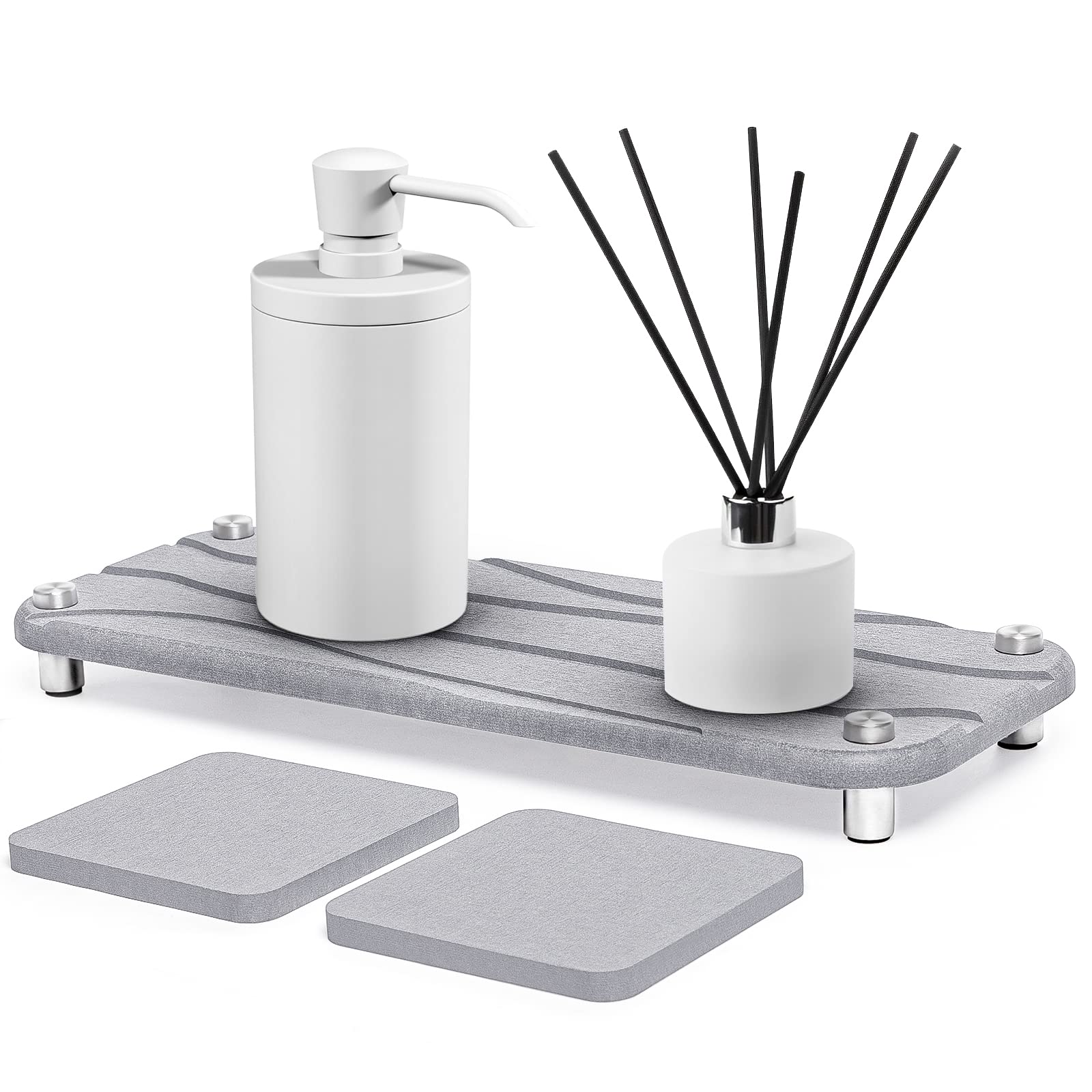YOILES Instant Dry Sink Organizer, Home Sink Caddy Dries Instantly and Prevents Moisture Buildup, Fast Drying Stone Sink Tray & 2 Pcs Square Water Absorbing Stone Coasters, Light Grey