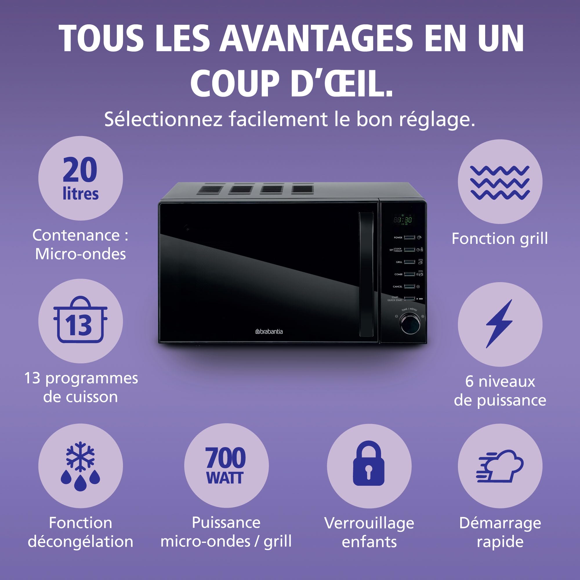 Micro-ondes Brabantia avec Fonction Gril, 20 Litres, Pose Libre, 13 Programmes Automatiques, 6 Niveaux de Puissance, Minuterie Numérique, Grande Capacité, 700W, Noir, BBEK1145DG