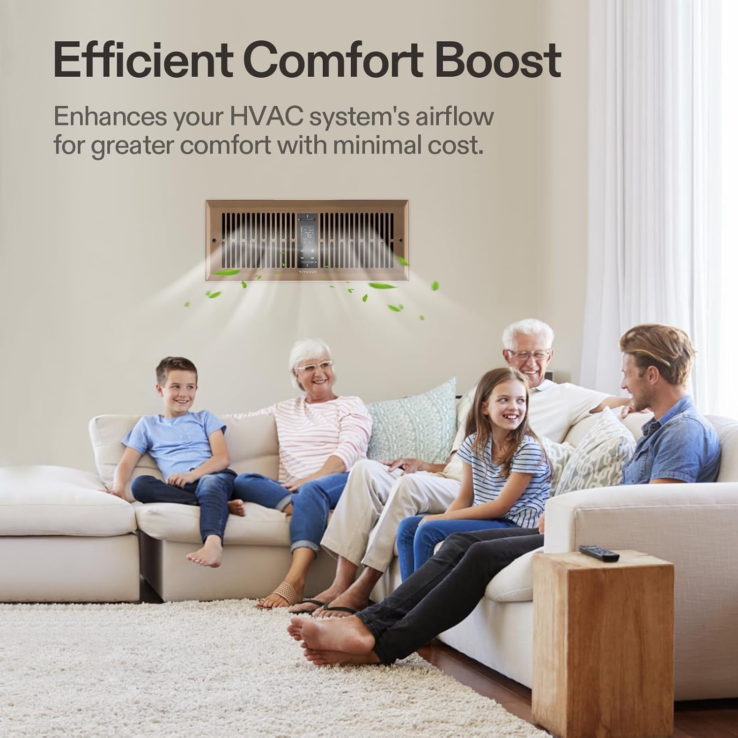 VIVOSUN Quiet Register Booster Fan for 𝟒" 𝐱 𝟏𝟐" Holes, Cooling Heating Vent Fan with 10-Speeds App Control &Adjustable Wind Direction, Thermostat Control for Bedroom, Bathroom &Attic, Brown