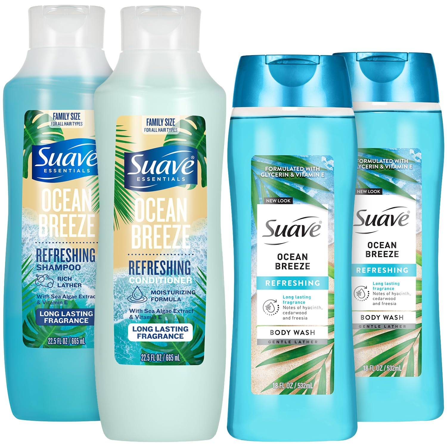 Suave Body Wash 2-Pack + Refreshing Shampoo and Conditioner, Ocean Breeze – Gentle Cleansing and Hair Care Set with Vitamin E, Cruelty Free (4 Piece Set)