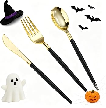 Goodluck 150 PCS Black Gold Plastic Silverware Set for 50 Guests