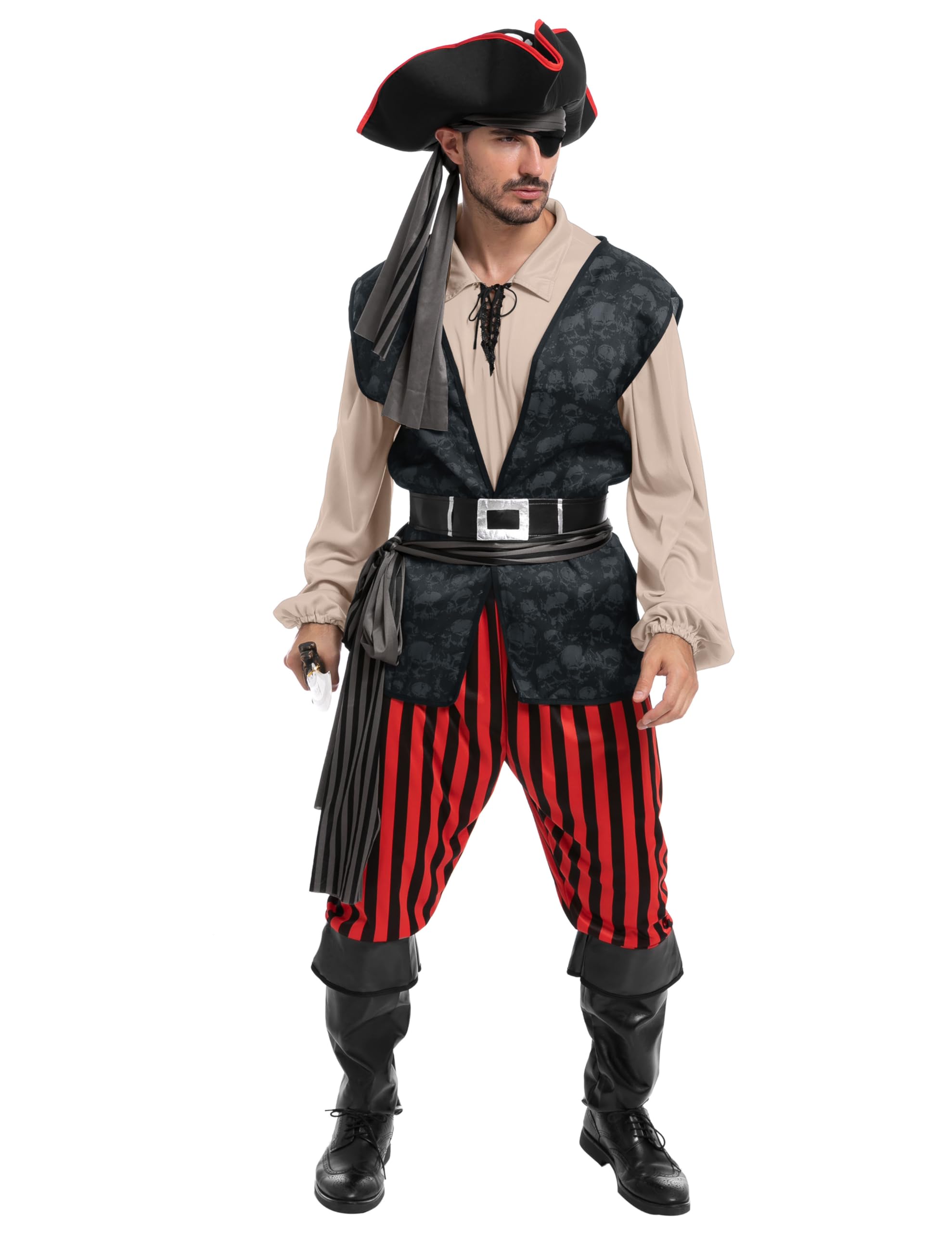 Spooktacular Creations Spooktacular CreationsCostume da pirata da uomo Camicia da pirata per adulti, gilet, pantaloni vichinghi, cappello e accessori per feste a tema cosplay