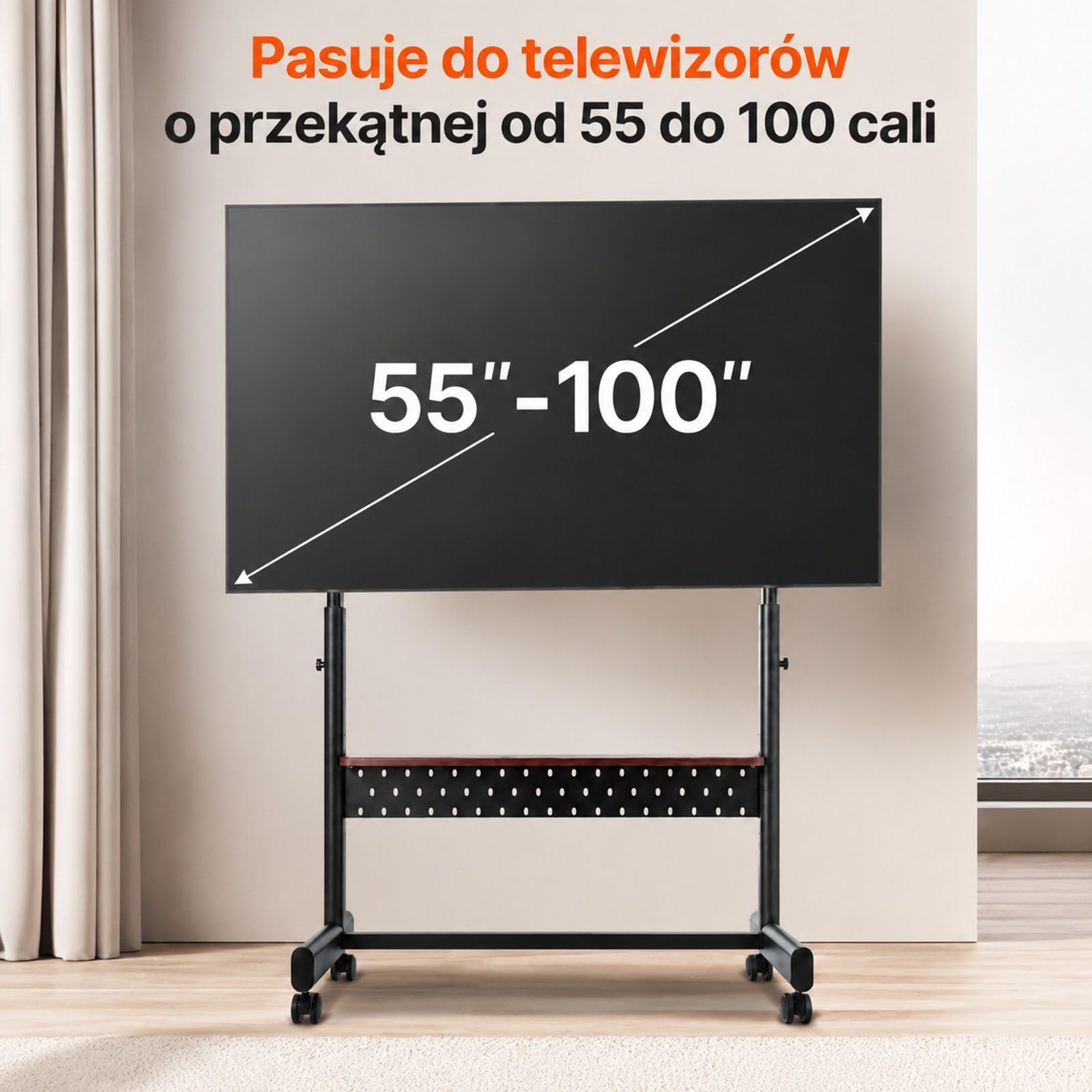 Stojak TV na kółkach, mobilny wózek do telewizora i monitora, podstawa podłogowa z regulacją wysokości do domu biura
