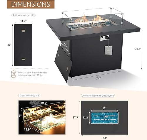Miniatura 4 de BULEXYARD Mesa rectangular para fogata de gas natural y propano de aluminio de 43 pulgadas, mesa rectangular de 60,000 BTU para patio al aire libre