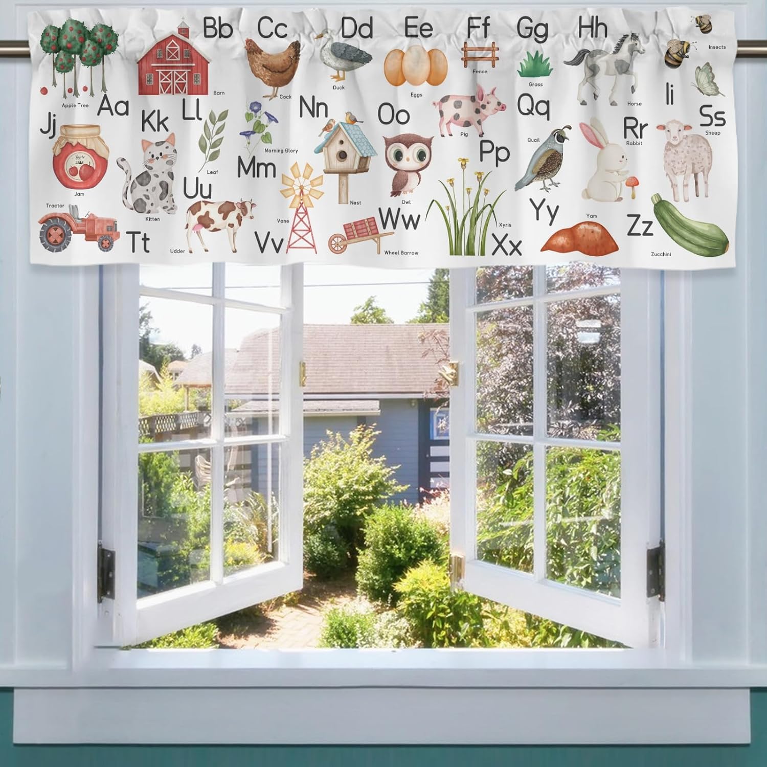 Cute Farm Life ABC Learning Valances 54''x18'' Kids Toddler Nursery Bedroom Decor Short Curtains Funny Farmhouse Animals Rod Pocket Window Treatment Drapes Living Room Bathroom Kitchen 1 Pack