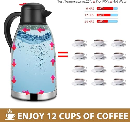 Miniatura 4 de Yummy Sam Jarra térmica de café de acero inoxidable de 68 onzas (2 elevadores) de doble pared al vacío, dispensador de bebidas de café y agua,