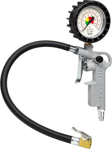 GAV Pistola Gonfiaggio Pneumatici Professionale Made in Italy con Manometro Pressione WIKA da 63mm per Pressione Gomme di Auto Moto Camion e Biciclette (63mm Standard BAR PSi) - 1