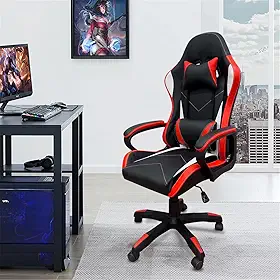 Cadeira de jogos com encosto alto, apoios de braços fixos em quatro pontos, altura ajustável (Vermelho)