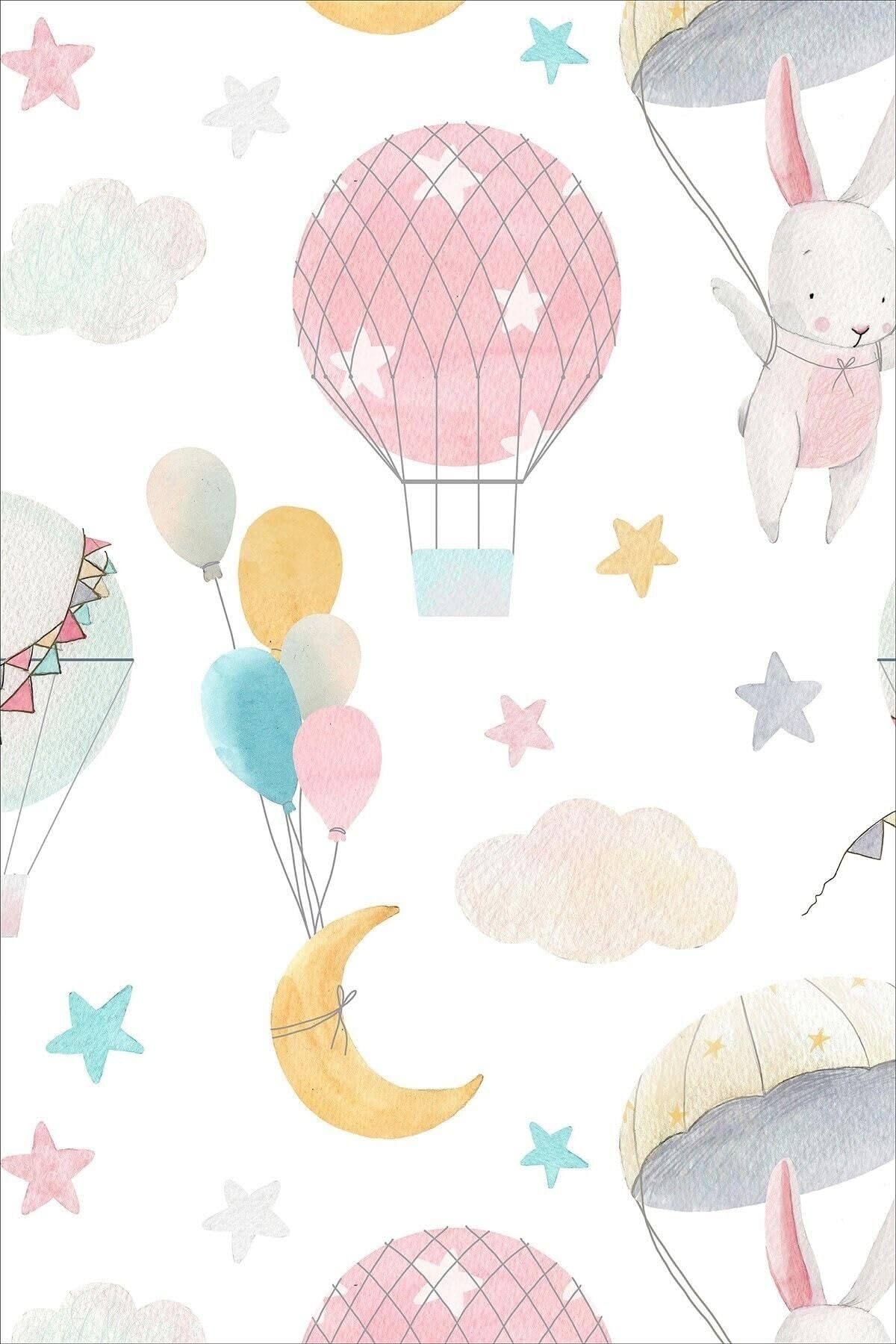 Pelangi Uçan Balon Bulut Desenli Halı Dijital Baskı Yıkanabilir Kaymaz Taban Leke Tutmaz Çocuk Odası Halısı, Beyaz 100 x 500