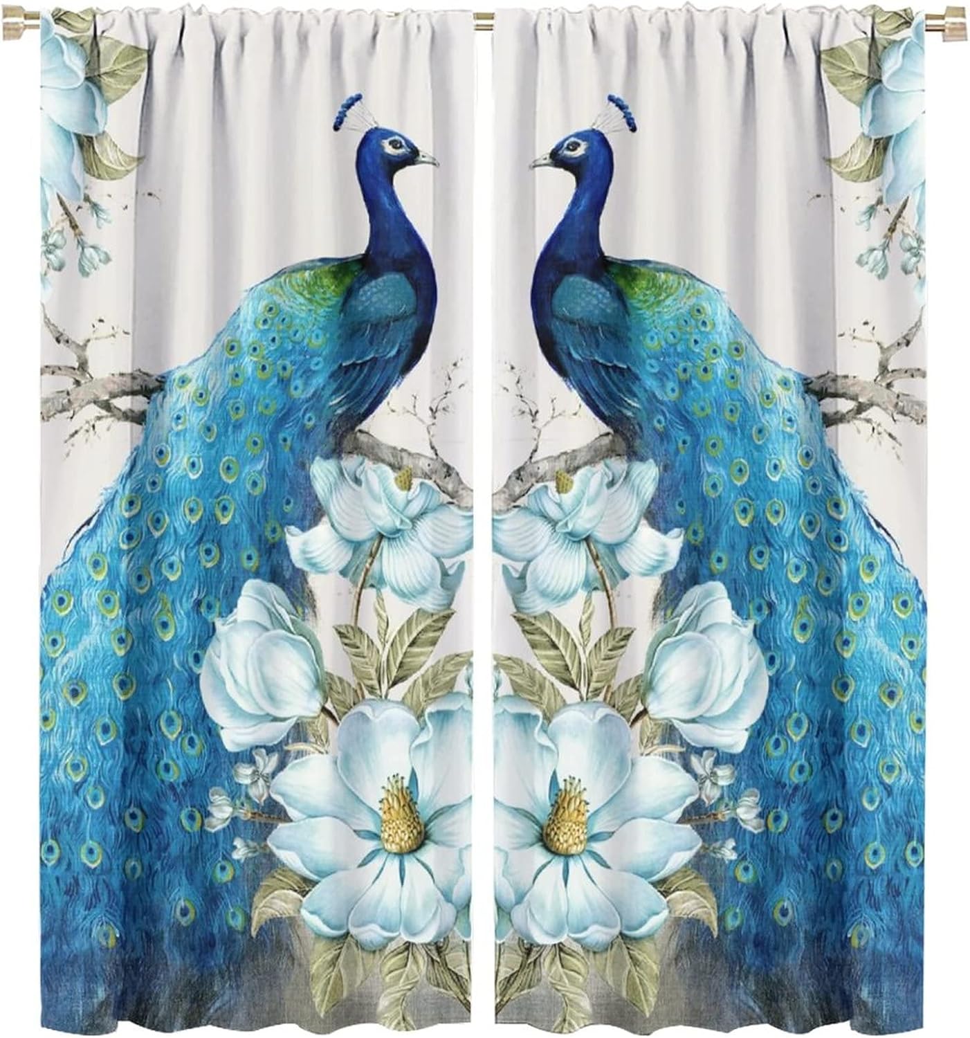 Vintage Peacock Blackout Curtains for Bedroom,Watercolor Blue Beautiful Bird Lotus Flower Print Window Curtains Rod Pocket 2 Panels 63L x 27.5W