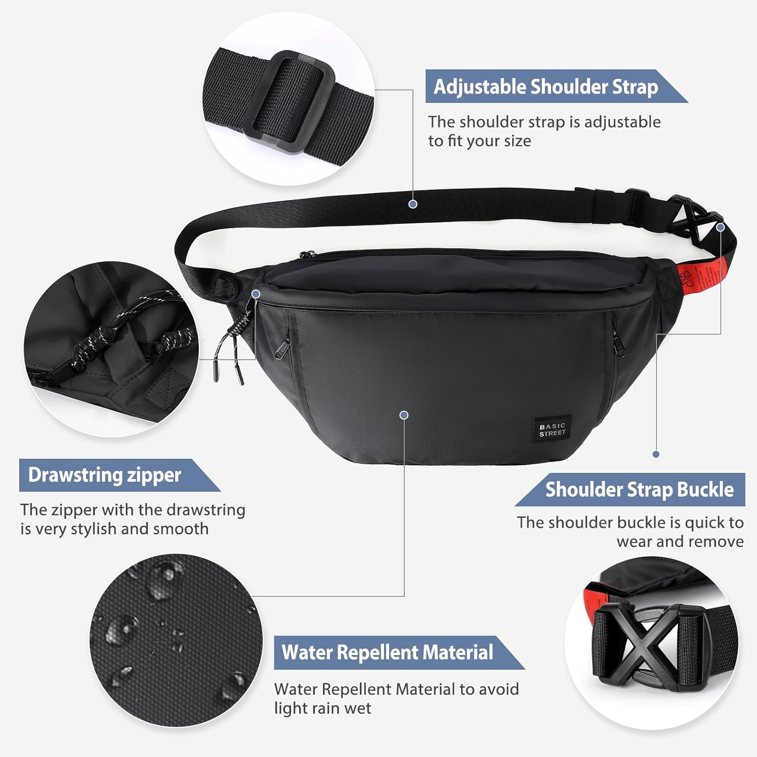 Fashion Large Crossbody Fanny Pack for Men Women,Water Resistant Waist Bag fanny Packs belt bag sling bag with 5-Zipper Pockets,Carrying 7.9"phone,Black-Large - Image 6
