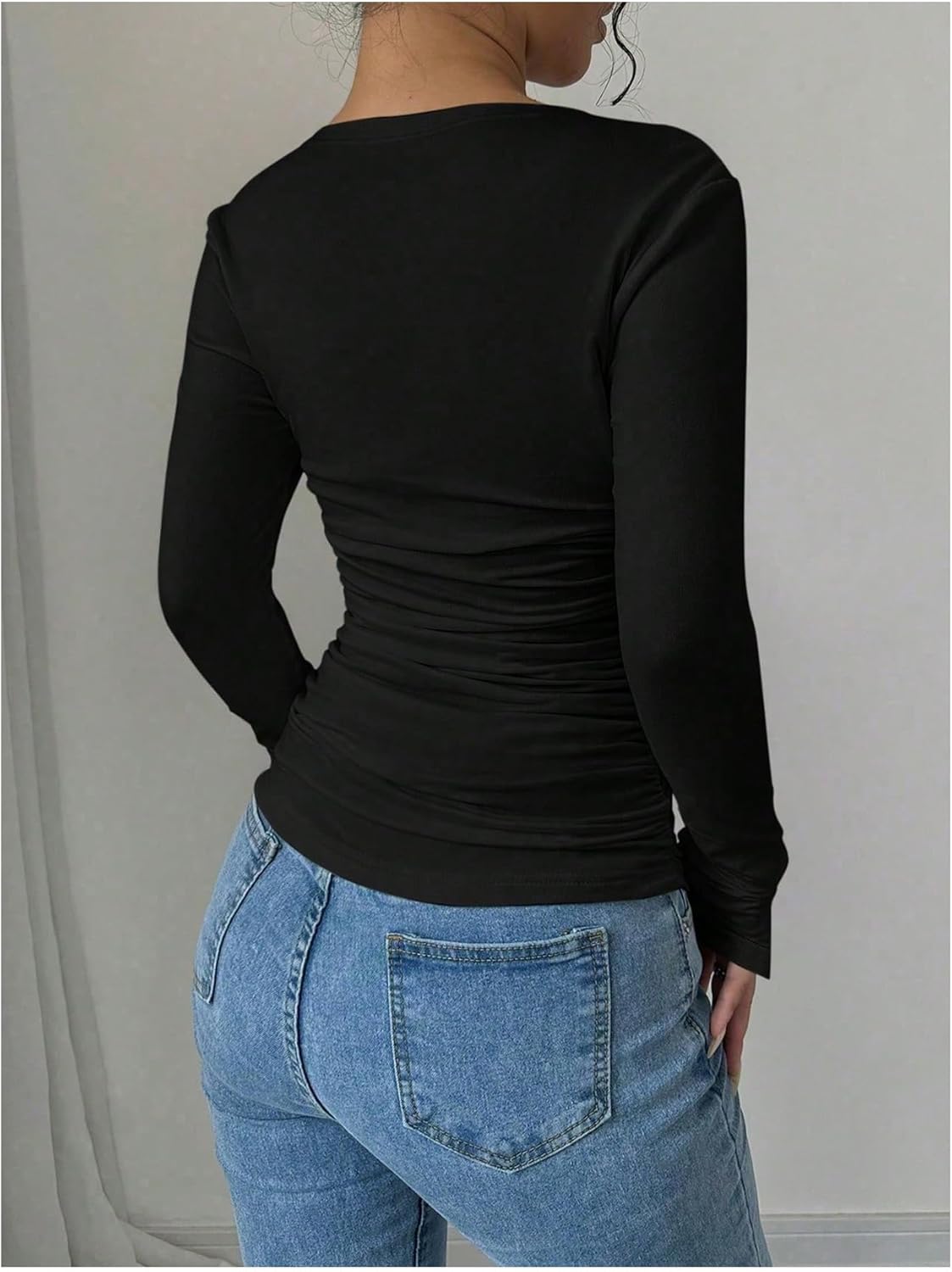 SOLY HUX Women's Square Neck T Shirts Long Sleeve Ruched Slim Fitted Tee Going Out Tops - Image 2