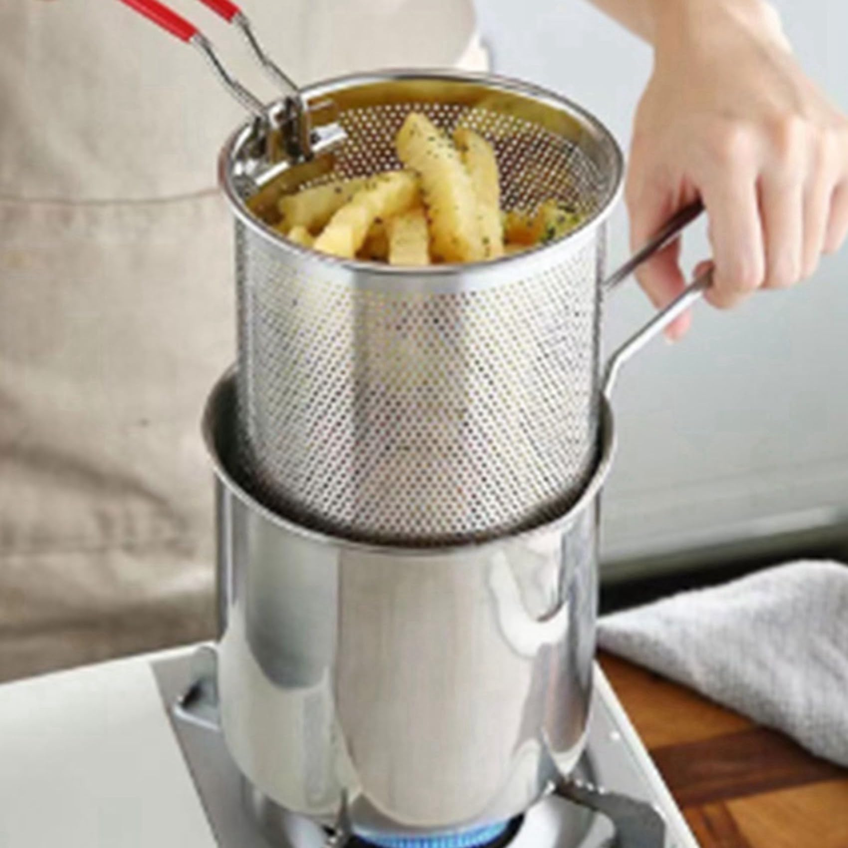 Wuden 2X Stainless Steel Deep Frying Pot Tempura French Fries Fryer with Strainer Chicken Fried Pans Kitchen Cooking Tool