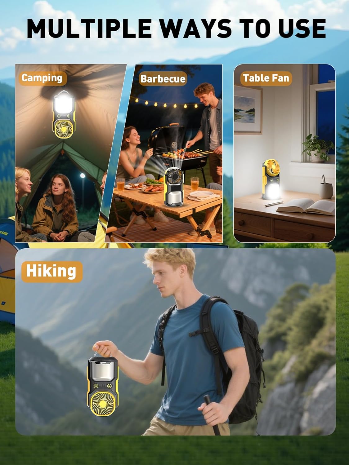 COPPA Camping Fan LED Lantern, LF-01 Portable Camping Fan with Light USB Rechargeable 3 Powerful Speed 4 Light Mode Cordless Tent Fan Lights with Foldable Hook for Hiking Fishing Travel