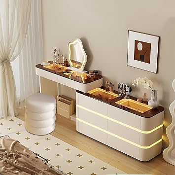 Vanity Table, Solid Wood Makeup Vanities Desk with Storage Drawers & Glass Countertop, Luxury Dressing Table with Smart Mirror & LED Atmosphere Light Design, Include Makeup Stool White,48IN