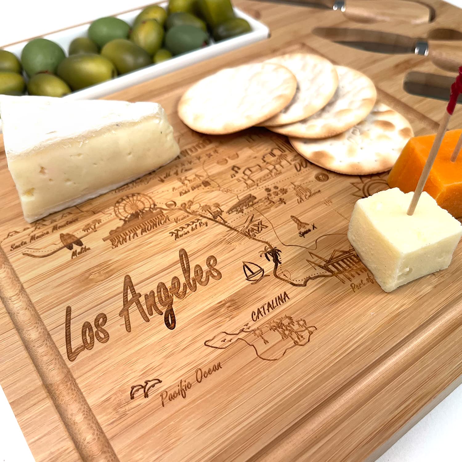 Picnic at Ascot Bamboo Destination Los Angeles Cheese/Charcuterie Serving Board including ceramic tray & Cheese Knife set