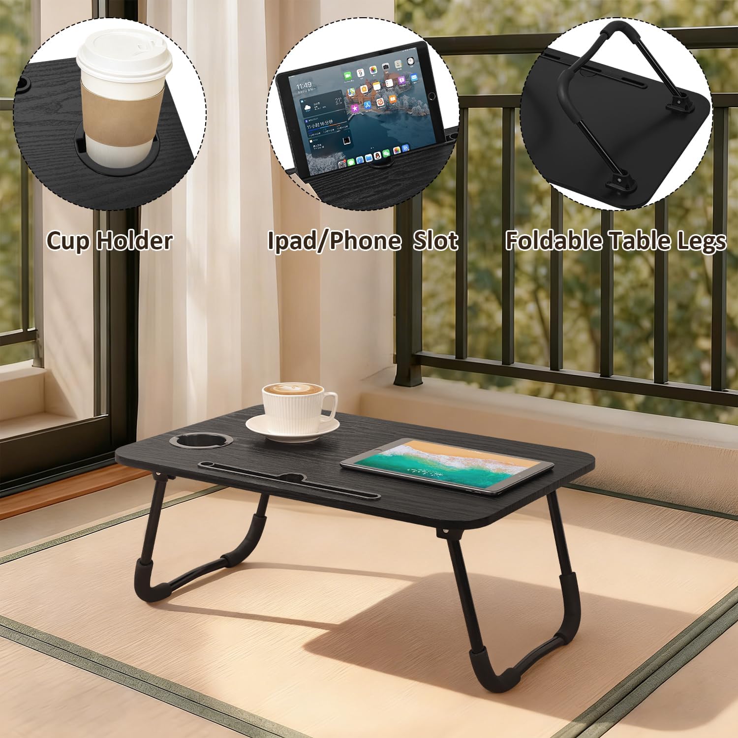 Lap Desks for Adults Small Black Laptop Desk Wooden Laptop Stand Tables Folding Lap Bed Tray Table with Cup Holder Foldable Portable Couch Floor Desk for Indoor Outdoor