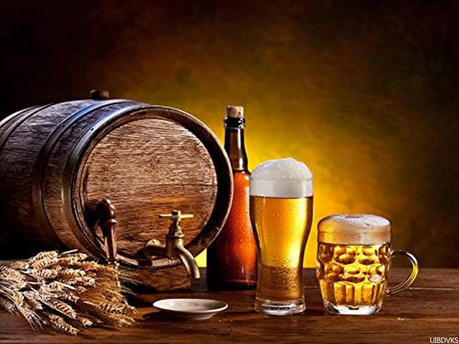 Beer Barrel Glasses Wooden Table Dark Brown Glass Pub Ale Tap Bar DIY 5D Diamond Painting Kit Adult Full Drill Rhinestone Cross Stitch Art Crafts for Home Decoration 12x16inch