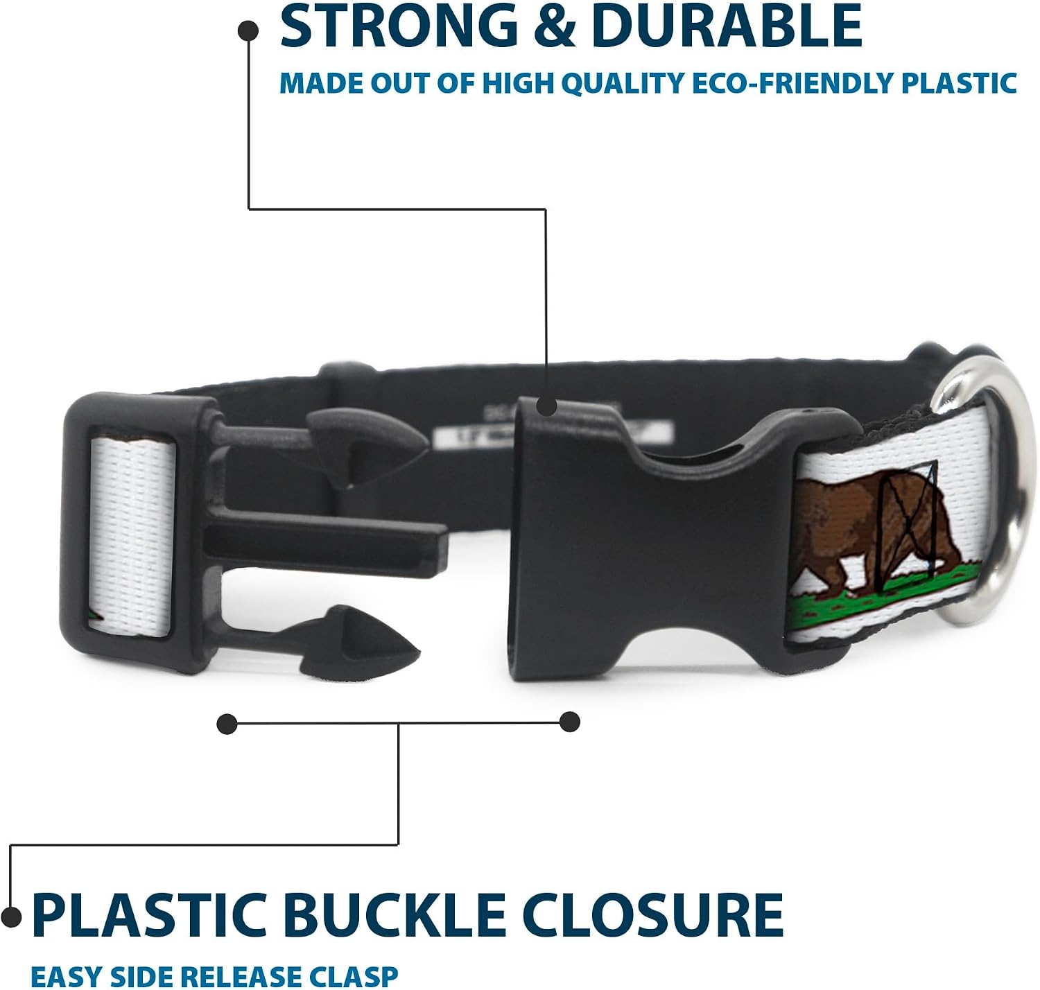 Buckle-Down 18-32" Cali Bear White Plastic Clip Collar, Wide Large