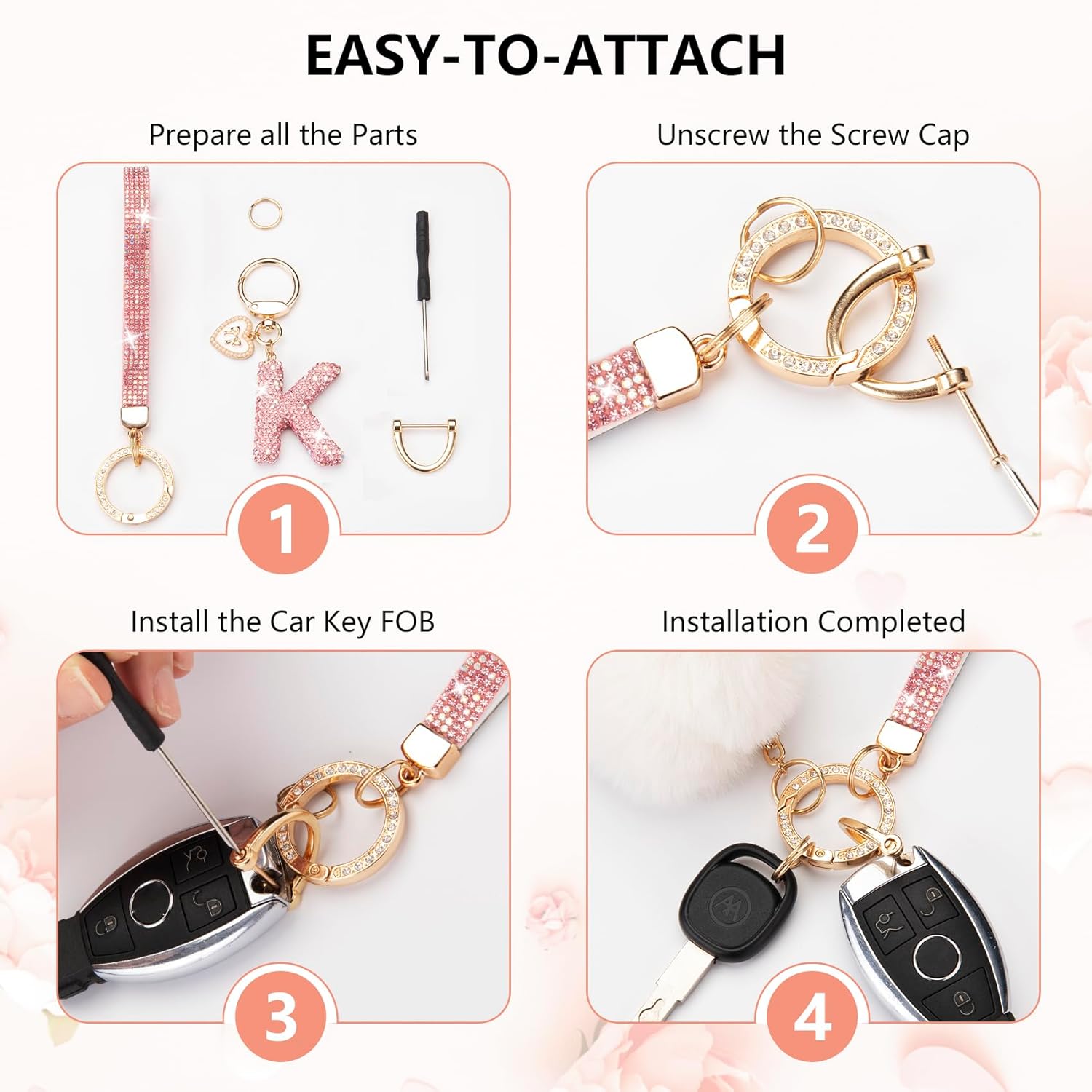 Initial Letter Keychain for Women Girl Bling Rhinestone Sparkly Bag Backpack Purse Charm Cute Pom Pom Key Chain Wristlet - Image 3