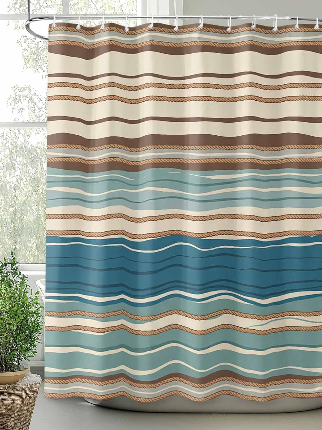 YOKOU Shower Curtain, Bohemian Stripe Boho Vintage Farmhouse Style Teal Brown Beige Water Repellent Polyester Fabric Bath Curtains with Hooks for Bathroom Showers Stalls Bathtubs, 48"x72"