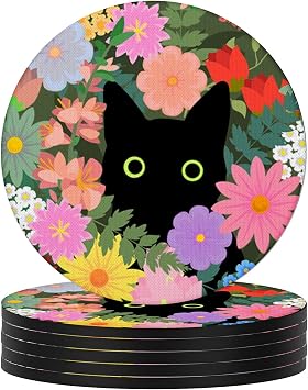 Swooflia Coasters for Drinks Coffee Table, Flower Black Cat Cute Colorful Silicone Absorbent Cup Coaster Set Housewarming Kitchen Home Wooden Desk Office Bar Tabletop Decor 6 Pack