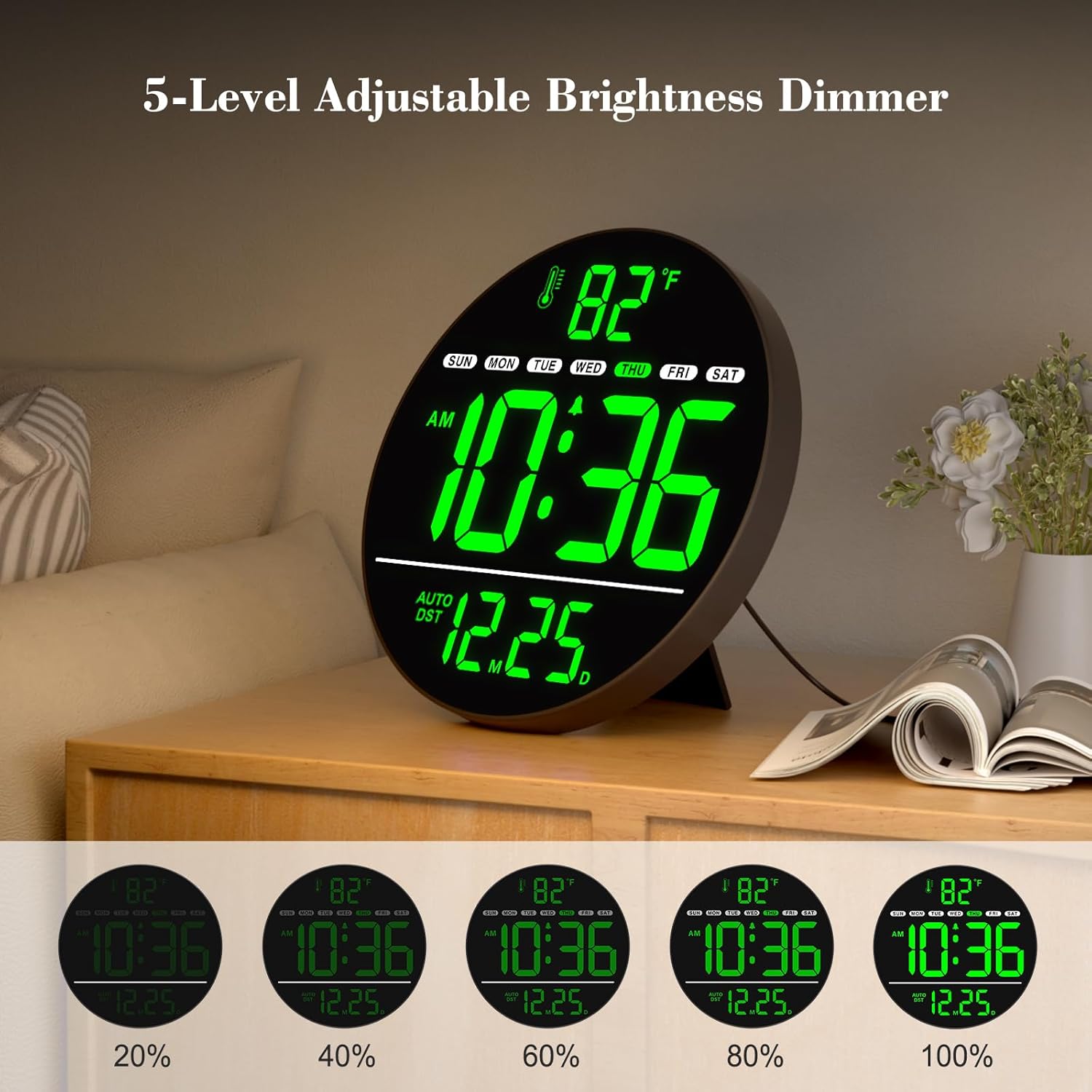 Illustration of the WallarGe Digital Wall Clock's 5-level adjustable brightness feature, showing different brightness settings from 20% to 100%.